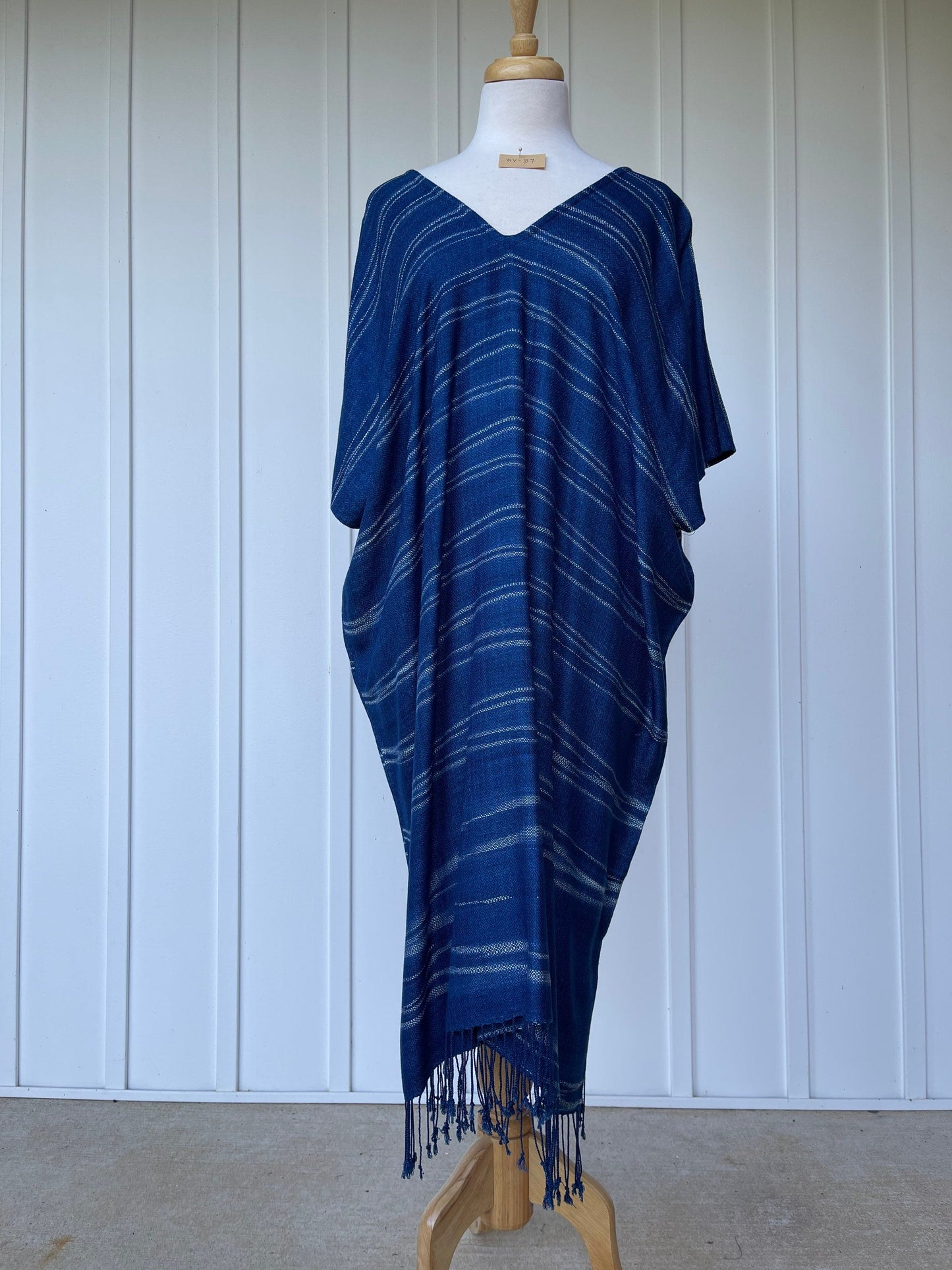 MALA handworks Ikat Hand Woven Pattern Kaftan in Indigo Blue with White and Organic Dye