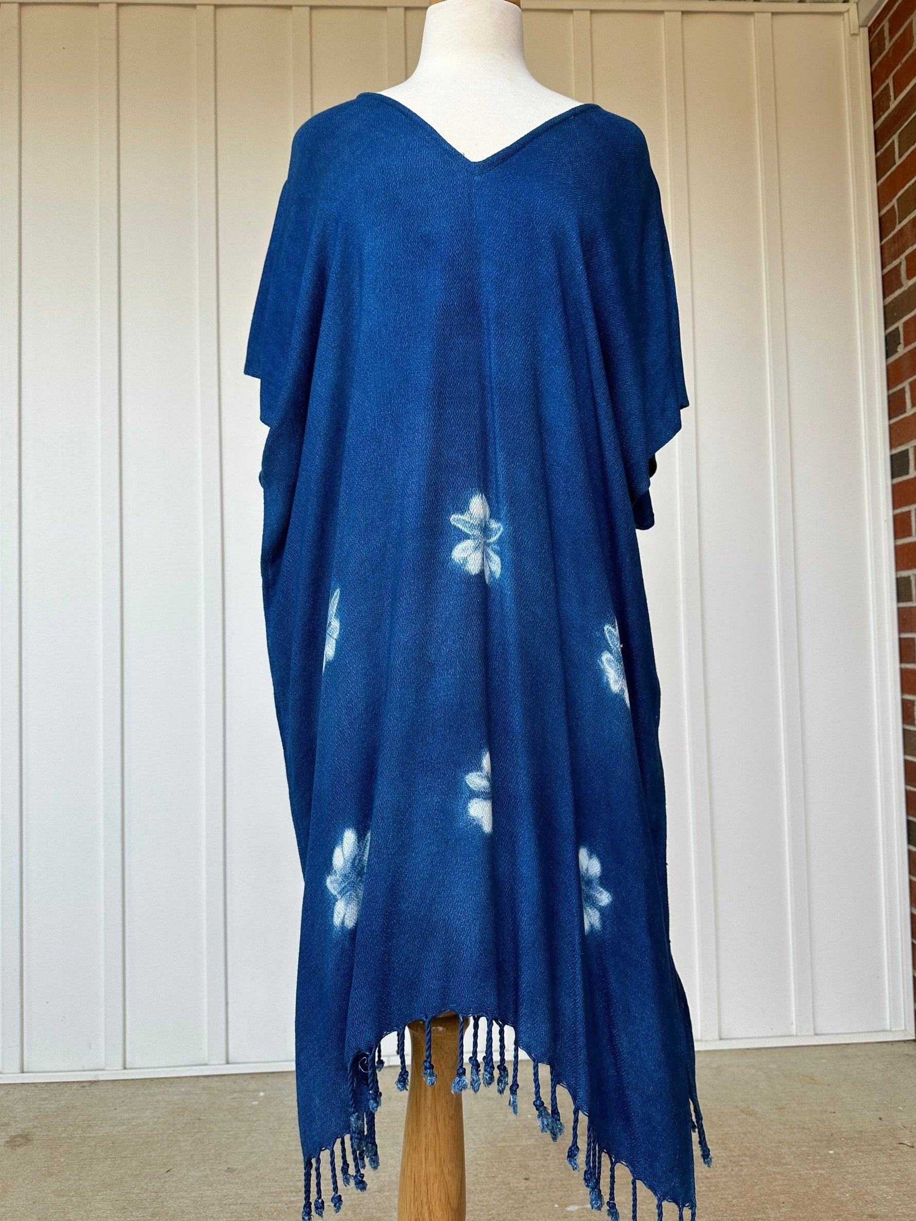 MALA handworks Ikat Hand Woven Pattern Kaftan in Indigo Blue with White and Organic Dye