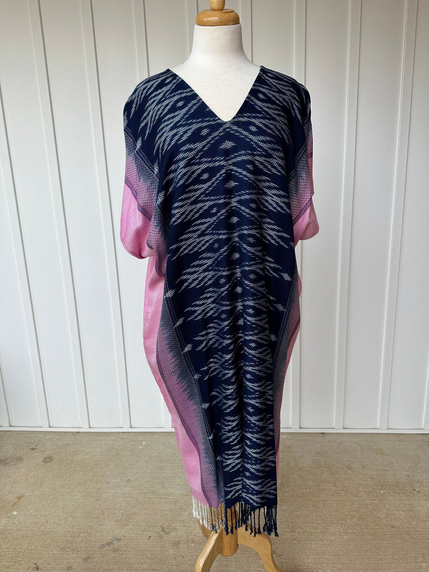 MALA handworks Ikat Hand Woven Pattern Kaftan in Indigo Blue with White and Organic Dye