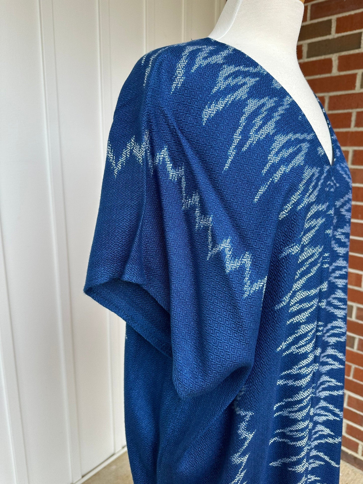 MALA handworks Ikat Hand Woven Pattern Kaftan in Indigo Blue with White and Organic Dye