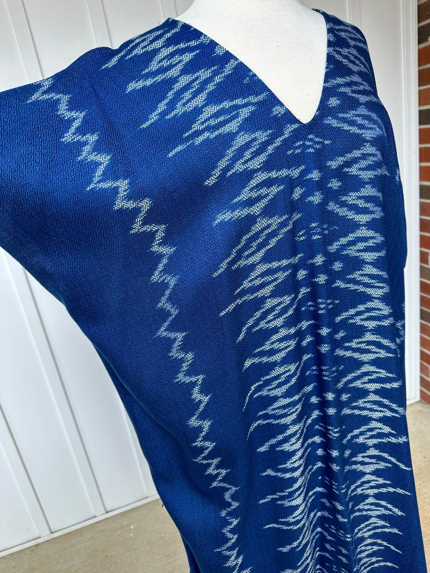 MALA handworks Ikat Hand Woven Pattern Kaftan in Indigo Blue with White and Organic Dye