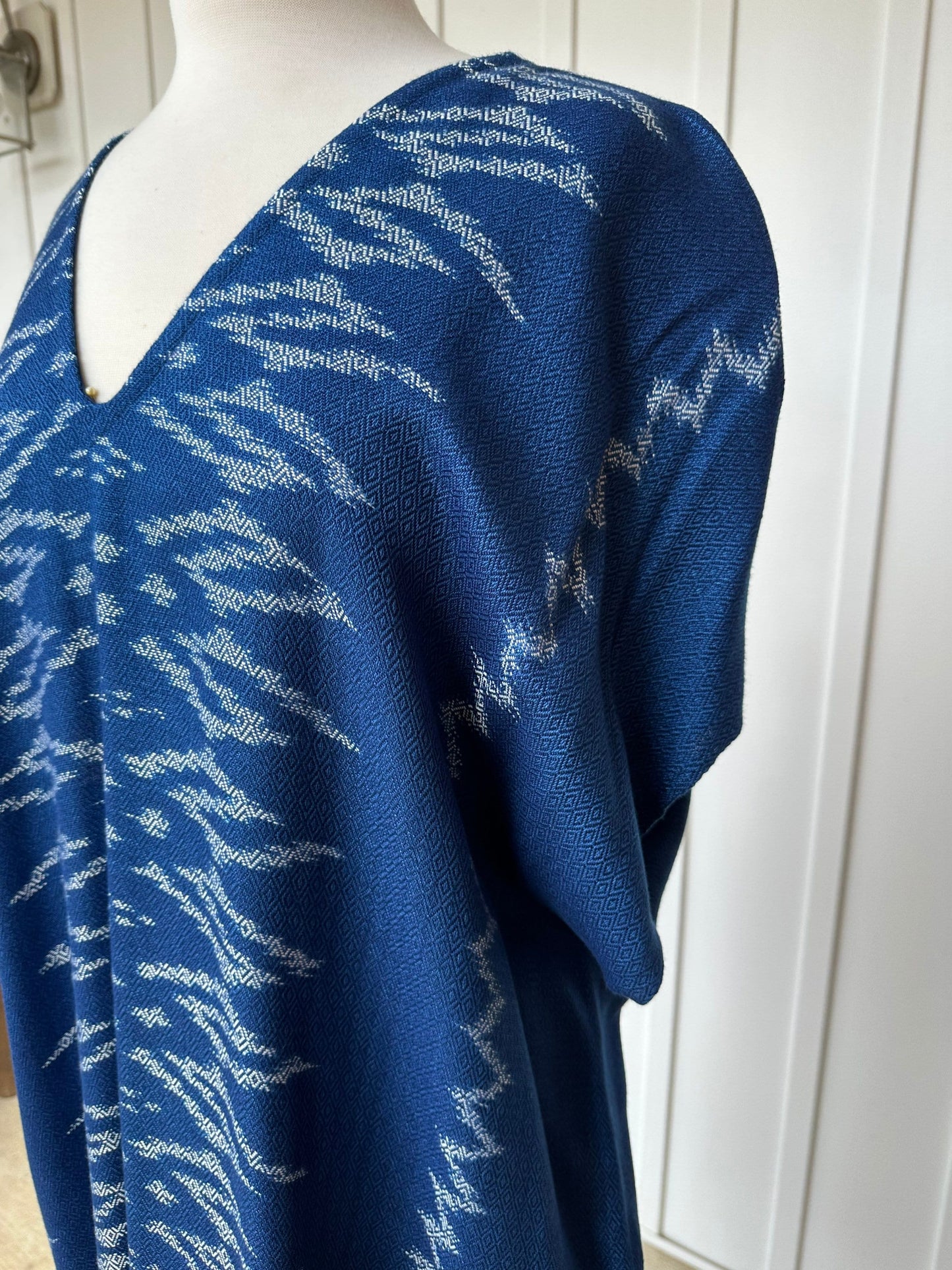 MALA handworks Ikat Hand Woven Pattern Kaftan in Indigo Blue with White and Organic Dye