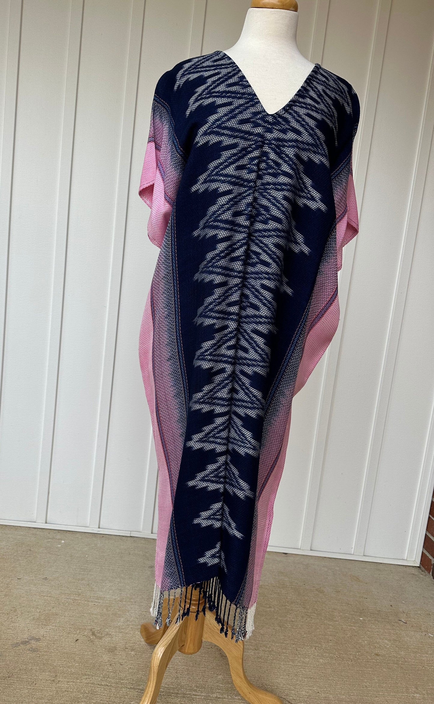 MALA handworks Ikat Hand Woven Pattern Kaftan in Indigo Blue with White and Organic Dye