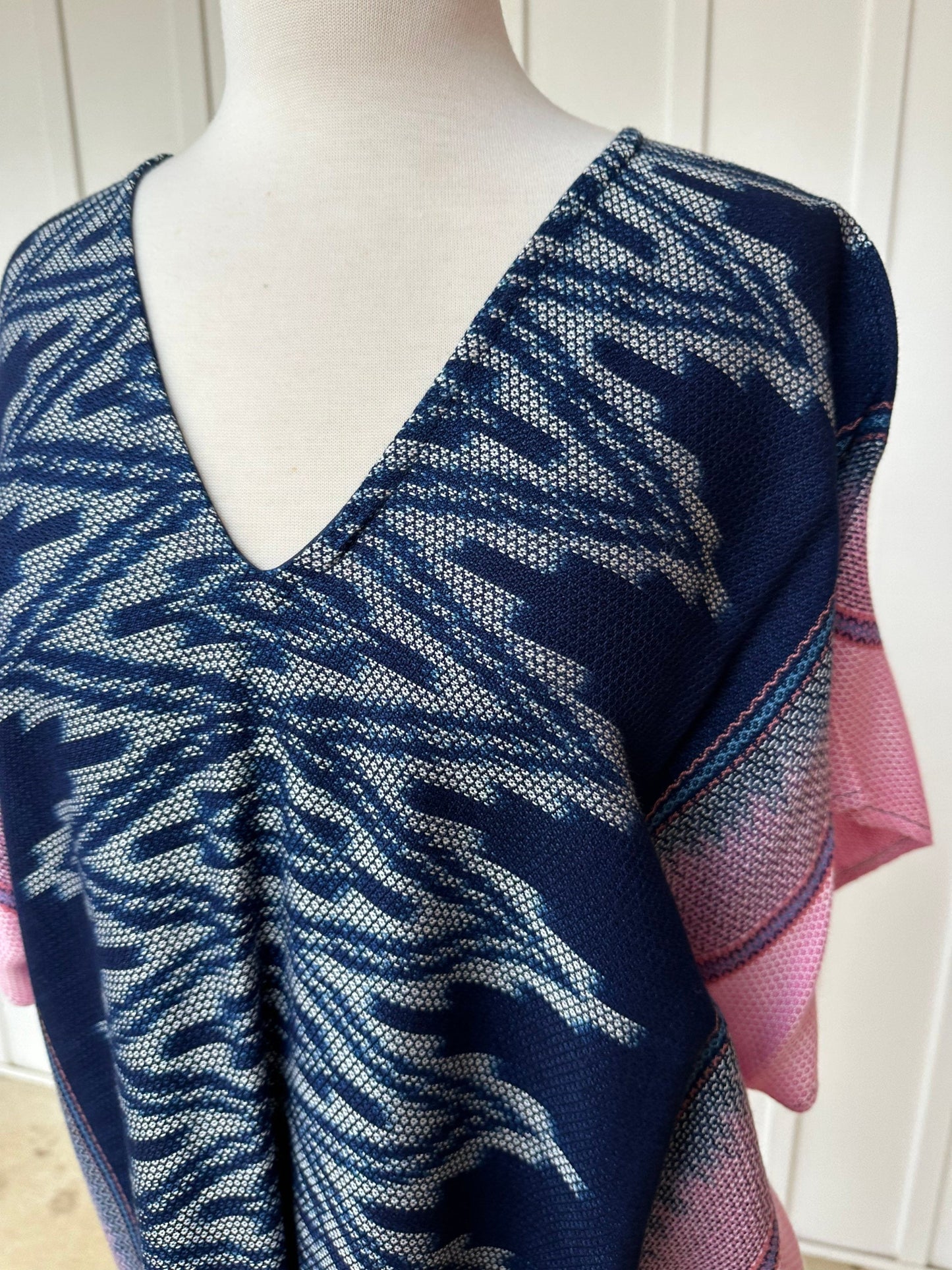 MALA handworks Ikat Hand Woven Pattern Kaftan in Indigo Blue with White and Organic Dye