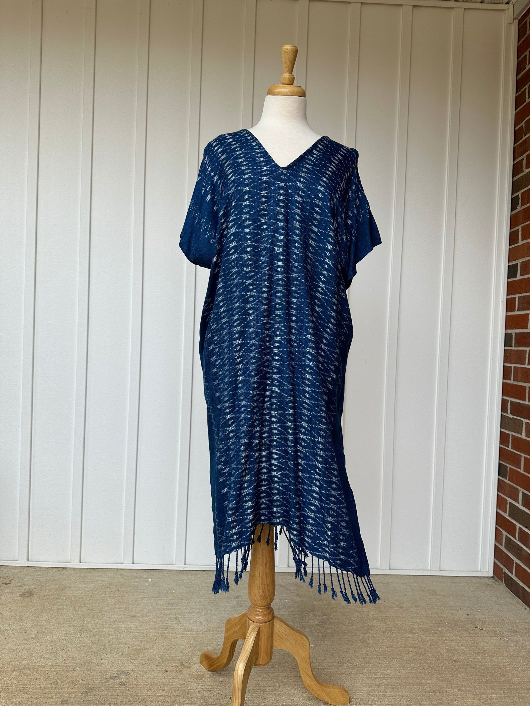 MALA handworks Ikat Hand Woven Pattern Kaftan in Indigo Blue with White and Organic Dye