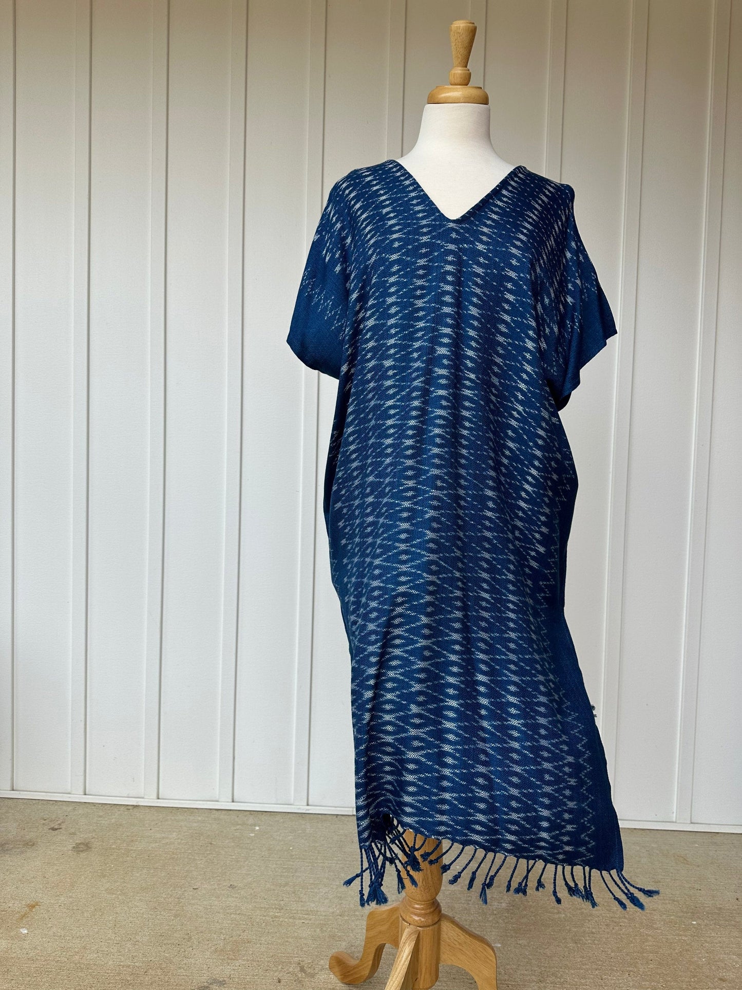 MALA handworks Ikat Hand Woven Pattern Kaftan in Indigo Blue with White and Organic Dye