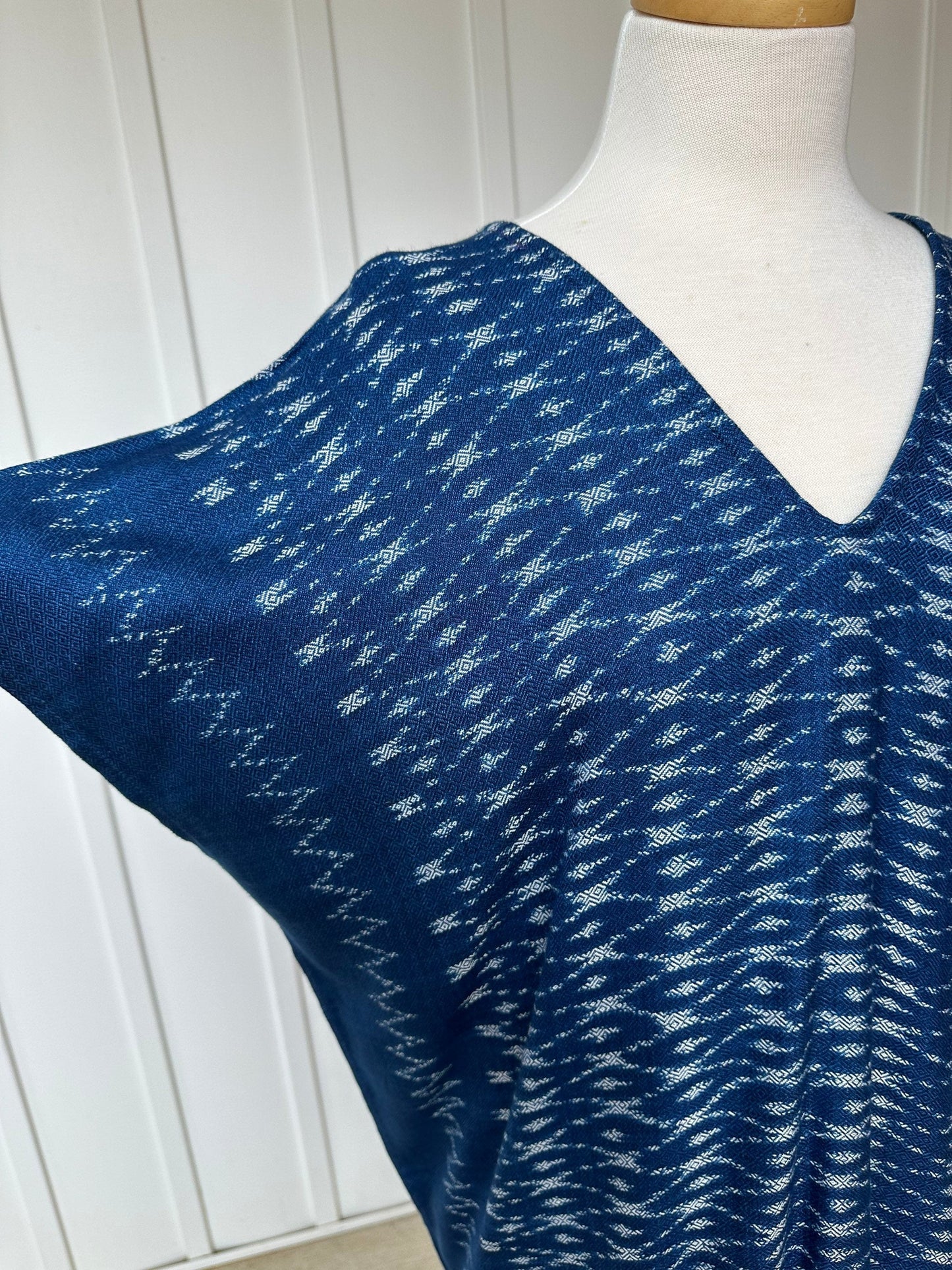 MALA handworks Ikat Hand Woven Pattern Kaftan in Indigo Blue with White and Organic Dye