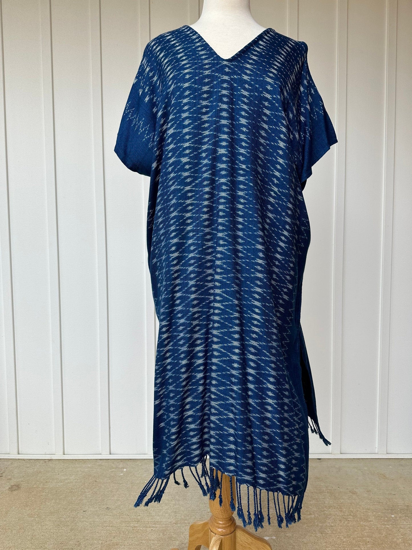 MALA handworks Ikat Hand Woven Pattern Kaftan in Indigo Blue with White and Organic Dye