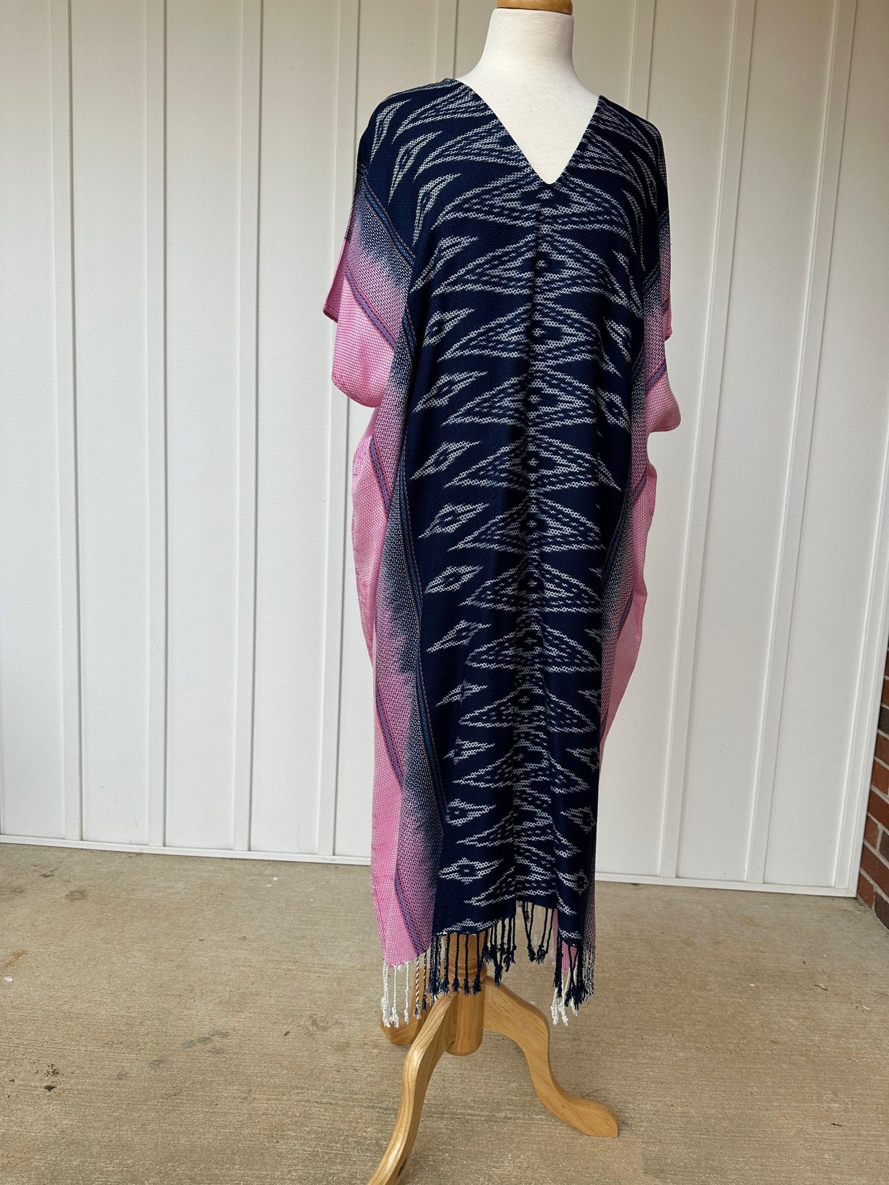 MALA handworks Ikat Hand Woven Pattern Kaftan in Indigo Blue with White and Pink Organic Dye
