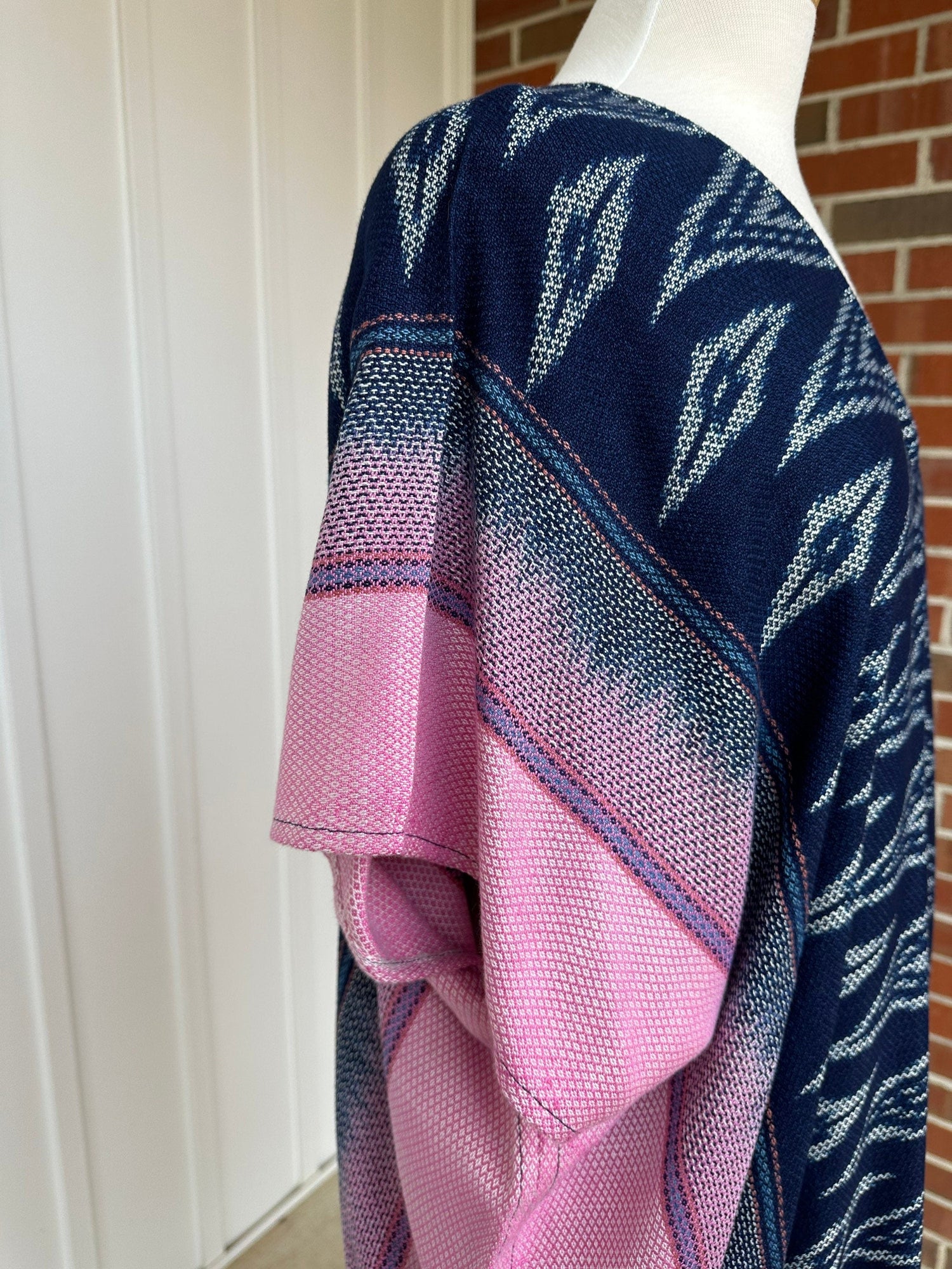 MALA handworks Ikat Hand Woven Pattern Kaftan in Indigo Blue with White and Pink Organic Dye