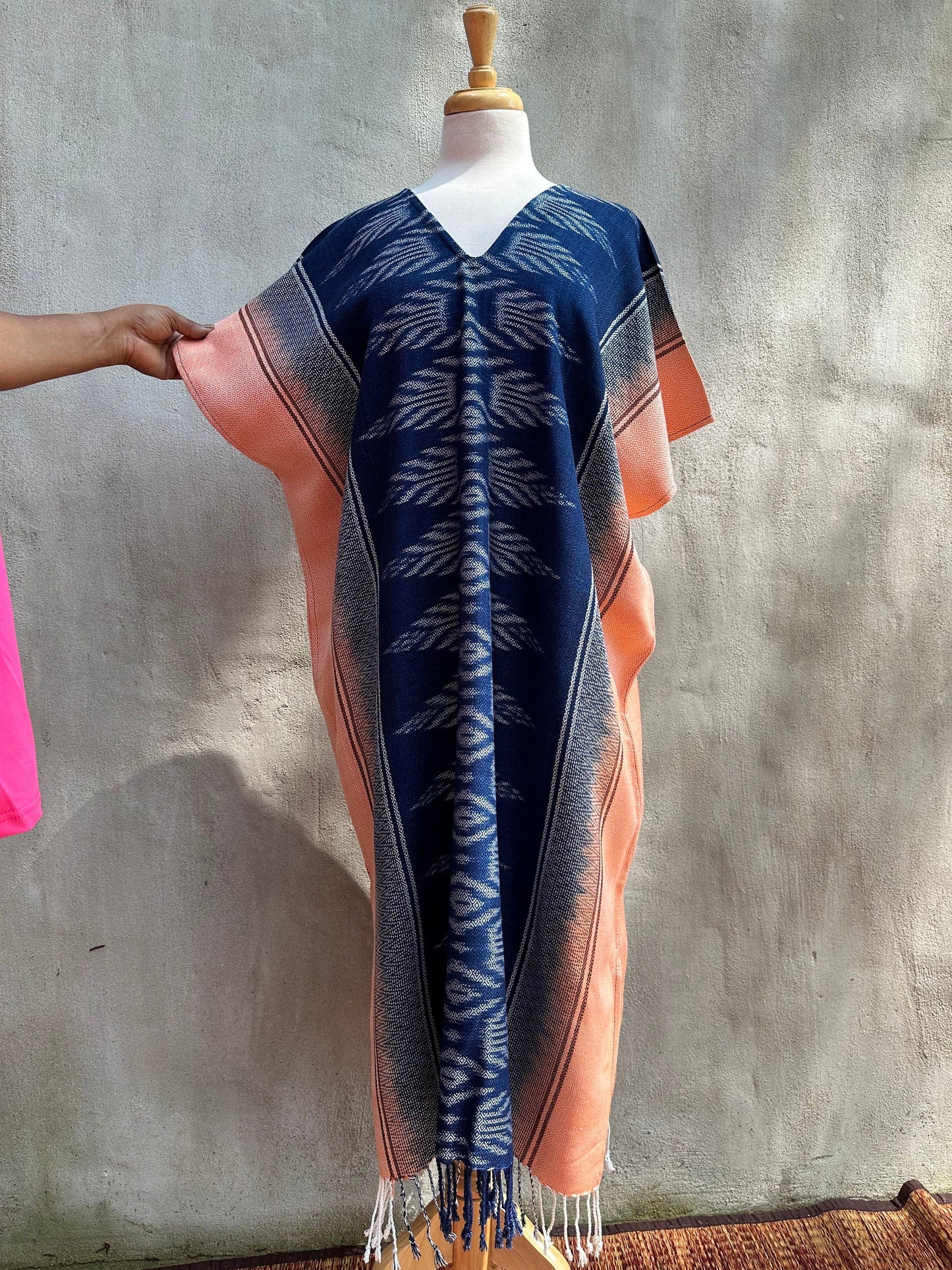 MALA handworks Ikat Hand Woven Pattern Kaftan in Indigo Blue with White and Salmon Pink