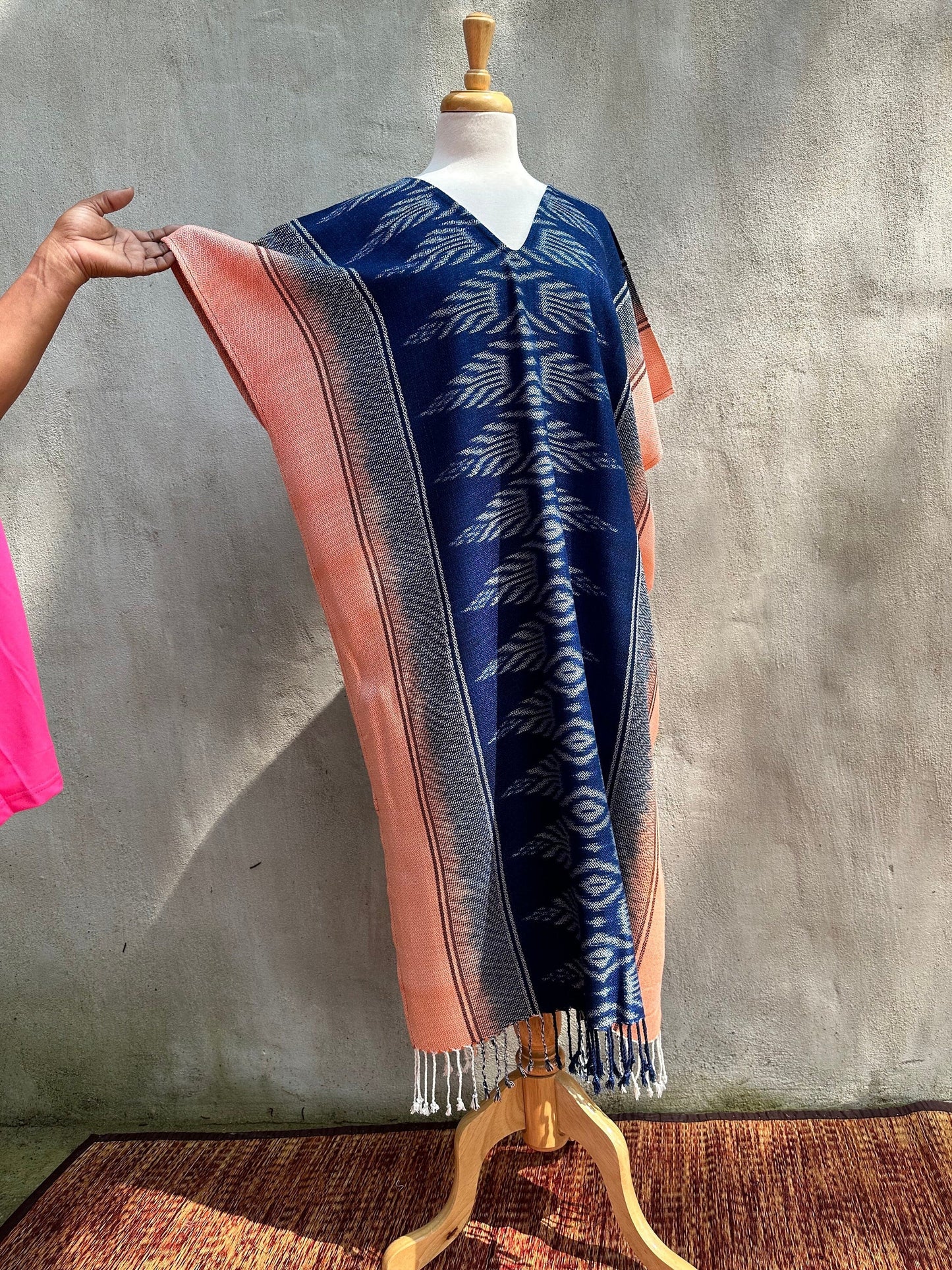 MALA handworks Ikat Hand Woven Pattern Kaftan in Indigo Blue with White and Salmon Pink