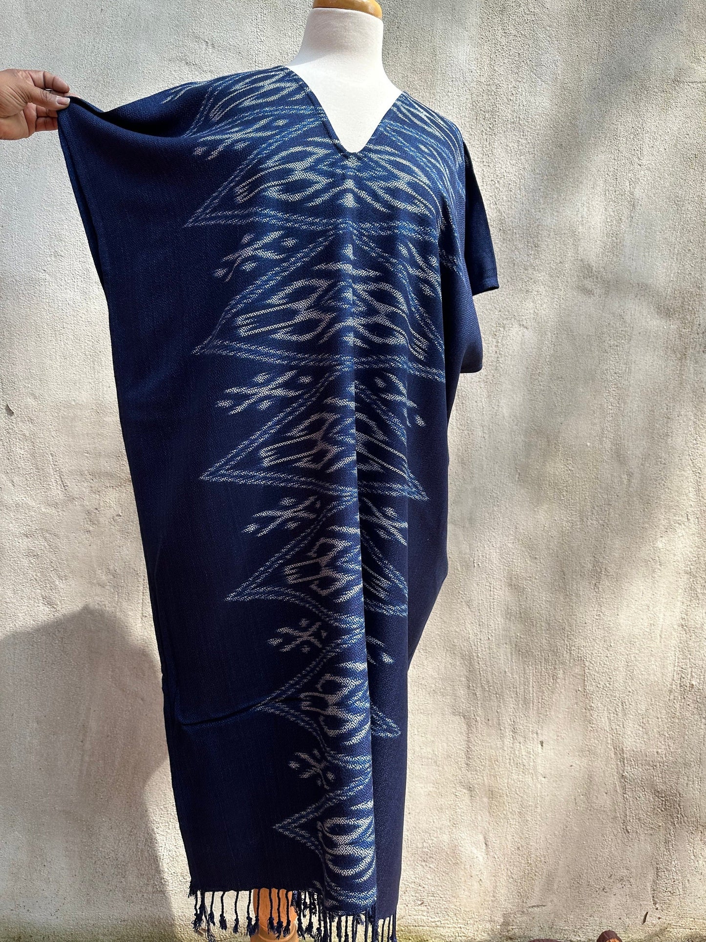 MALA handworks Ikat Hand Woven Pattern Kaftan in Indigo Blue with White