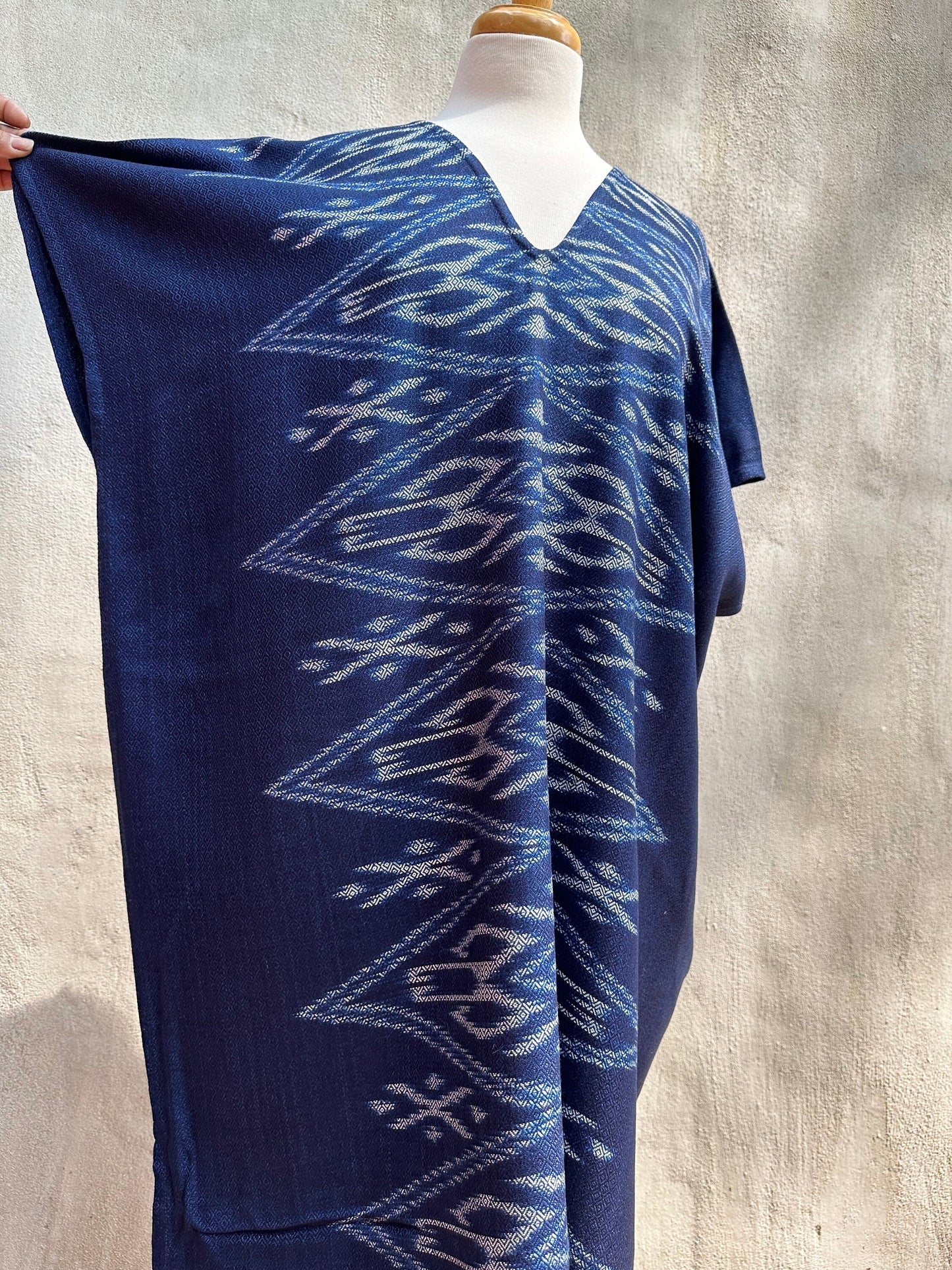 MALA handworks Ikat Hand Woven Pattern Kaftan in Indigo Blue with White
