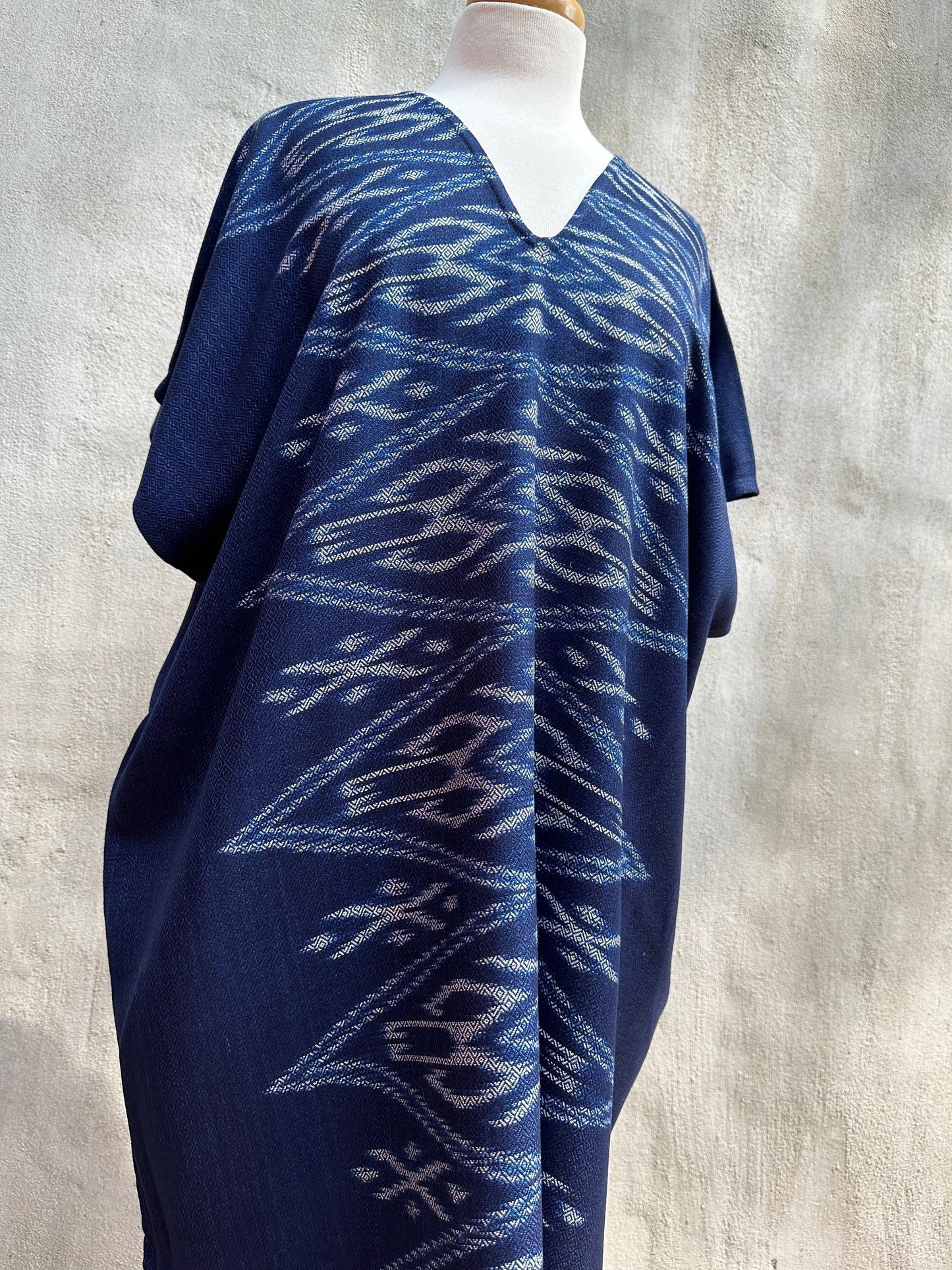 MALA handworks Ikat Hand Woven Pattern Kaftan in Indigo Blue with White
