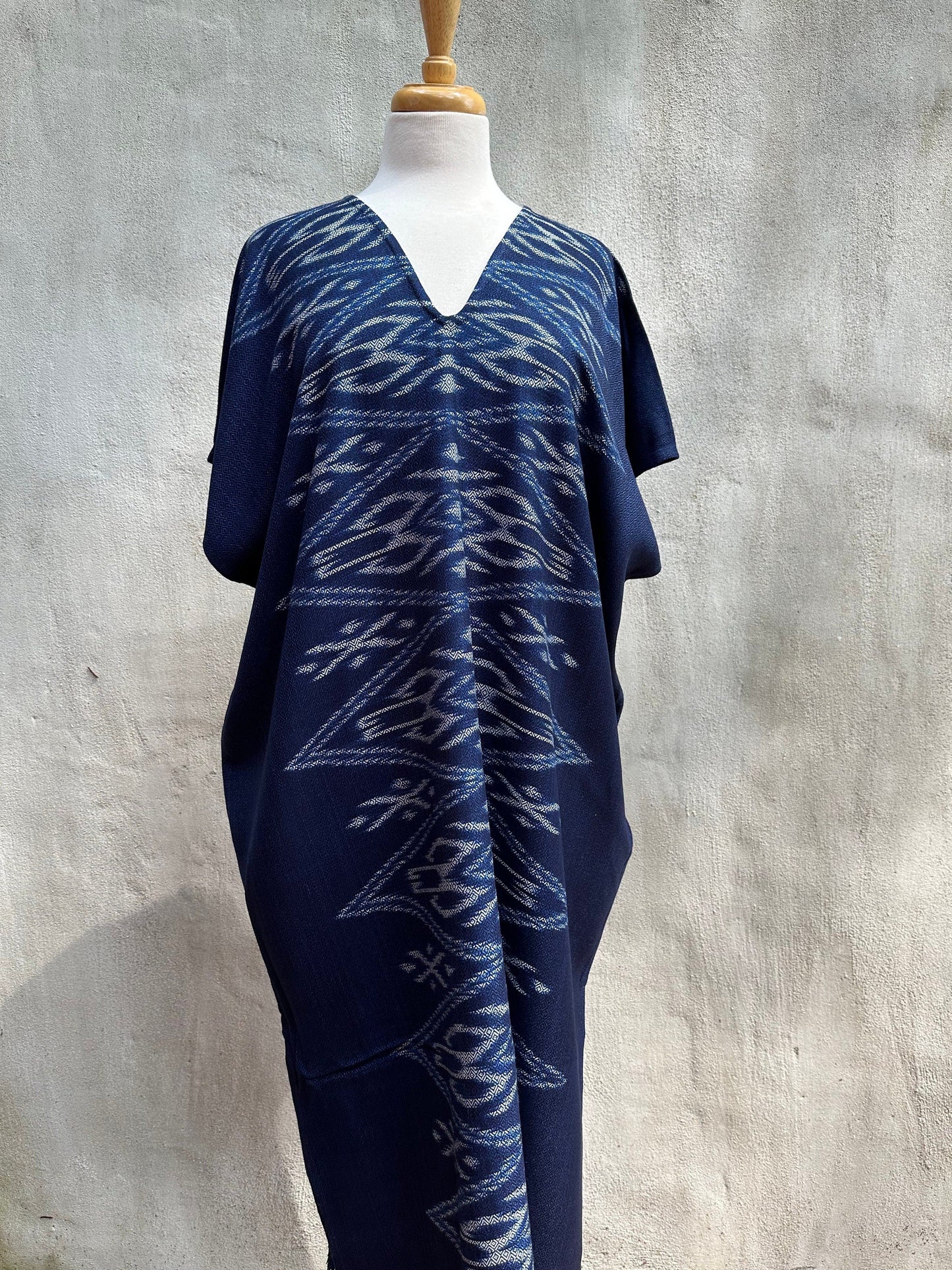 MALA handworks Ikat Hand Woven Pattern Kaftan in Indigo Blue with White