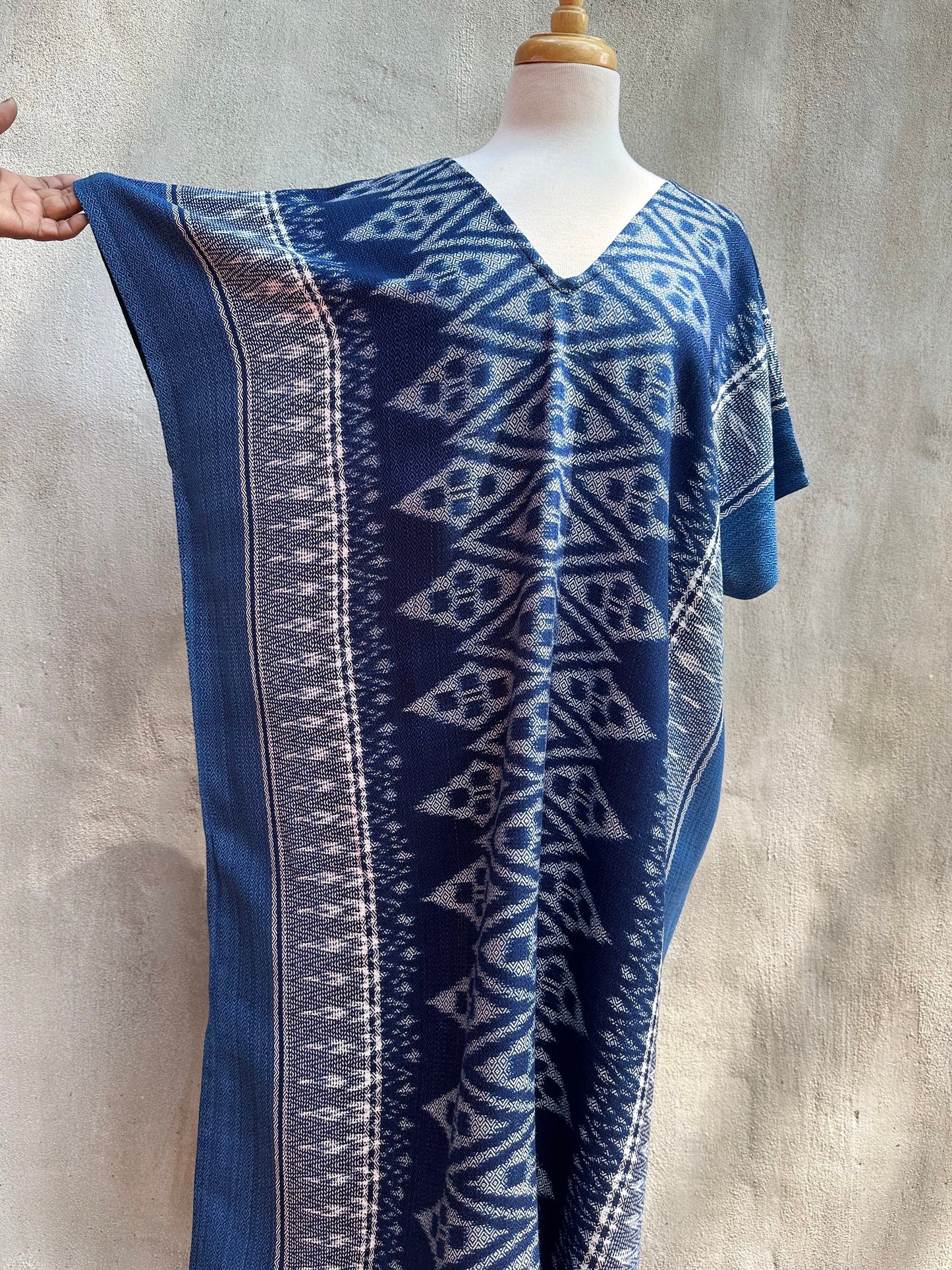 MALA handworks Ikat Hand Woven Pattern Kaftan in Indigo Blue with White