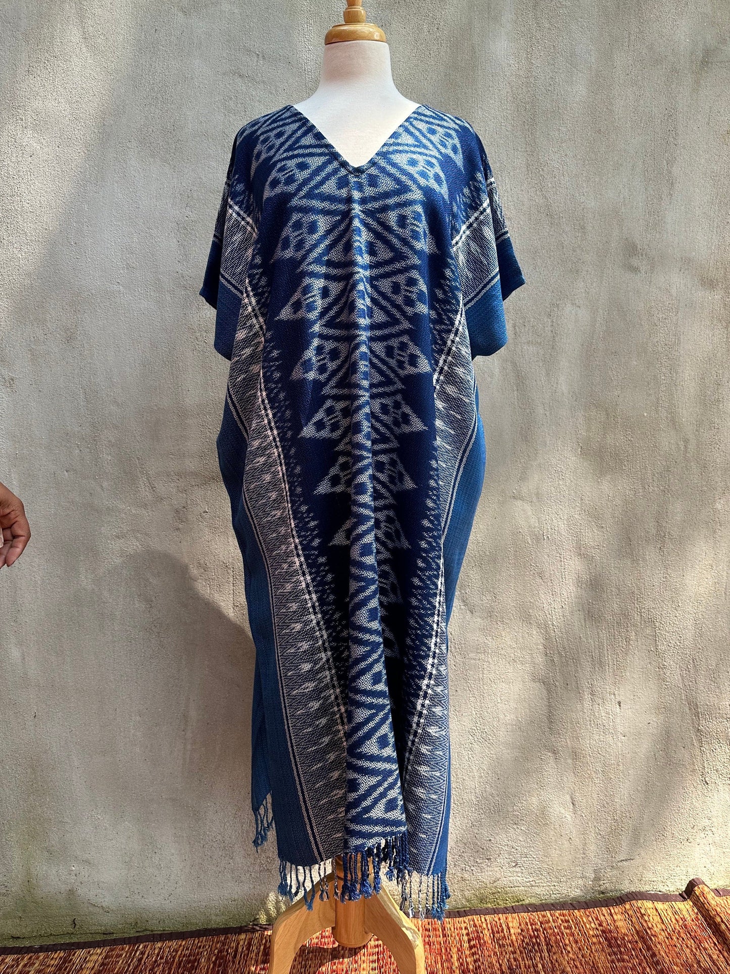 MALA handworks Ikat Hand Woven Pattern Kaftan in Indigo Blue with White