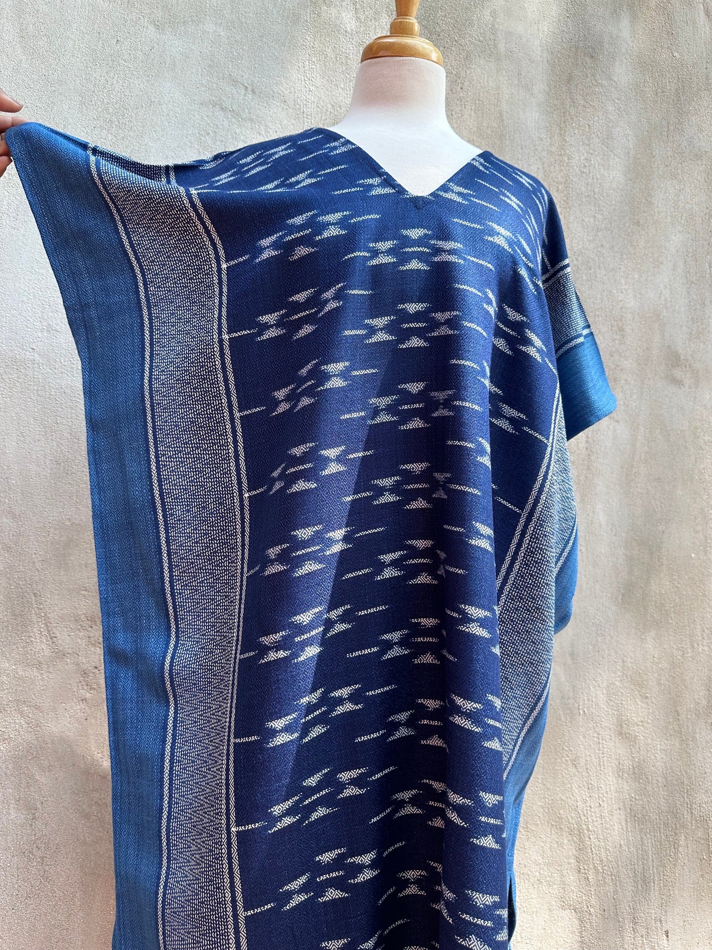 MALA handworks Ikat Hand Woven Pattern Kaftan in Indigo Blue with White