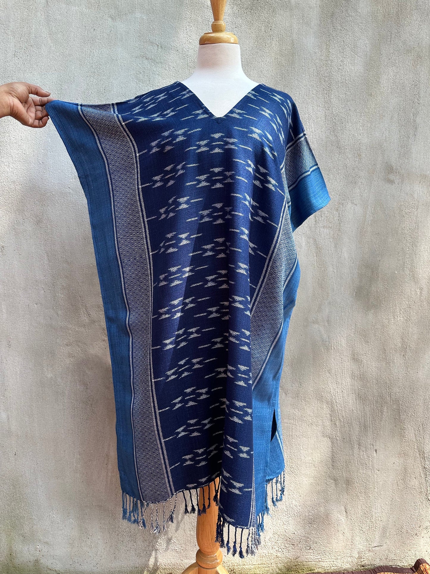 MALA handworks Ikat Hand Woven Pattern Kaftan in Indigo Blue with White