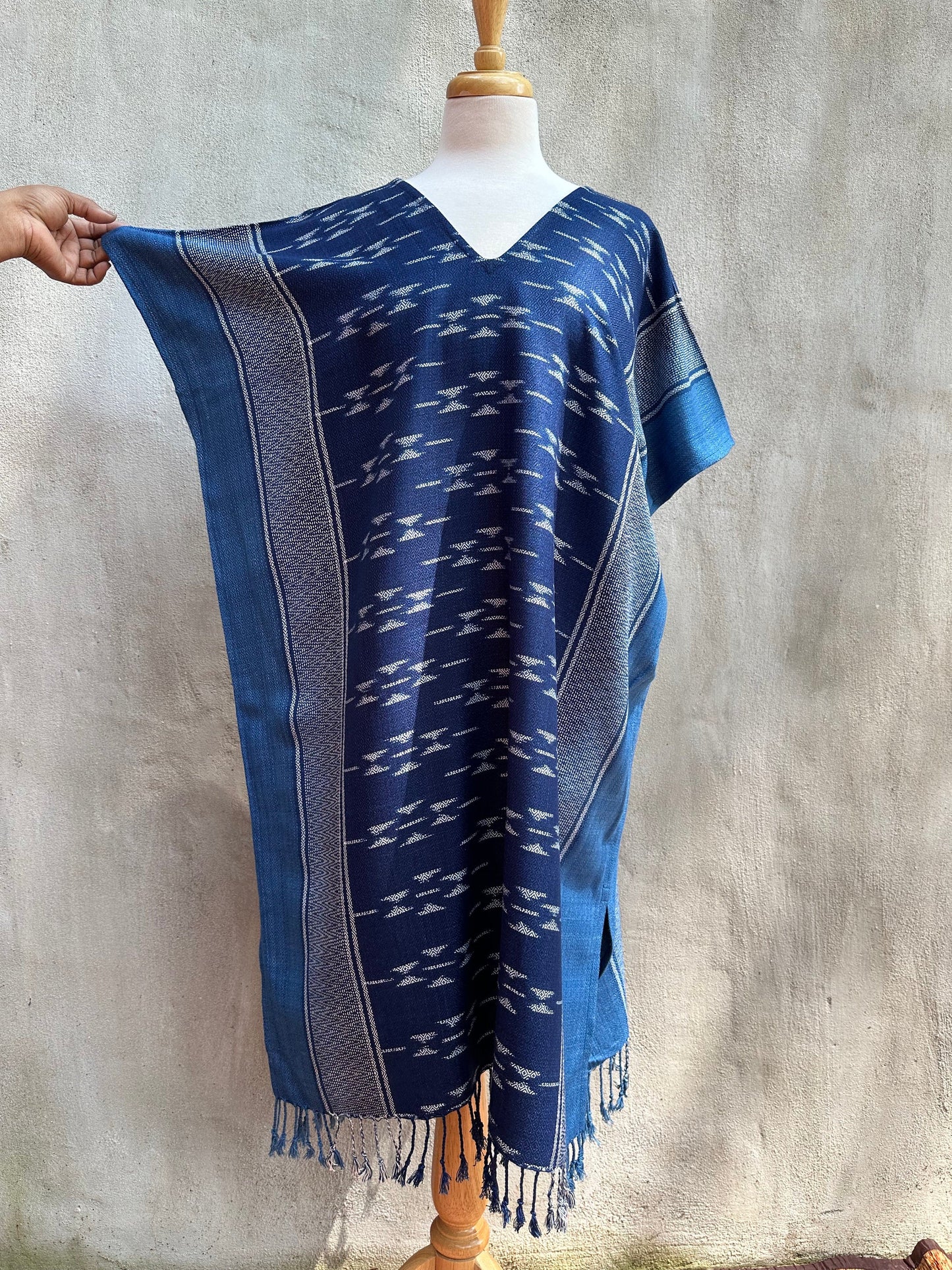 MALA handworks Ikat Hand Woven Pattern Kaftan in Indigo Blue with White
