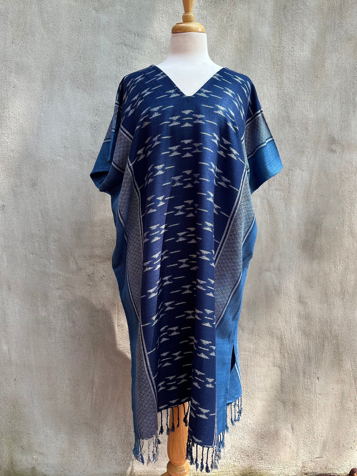 MALA handworks Ikat Hand Woven Pattern Kaftan in Indigo Blue with White