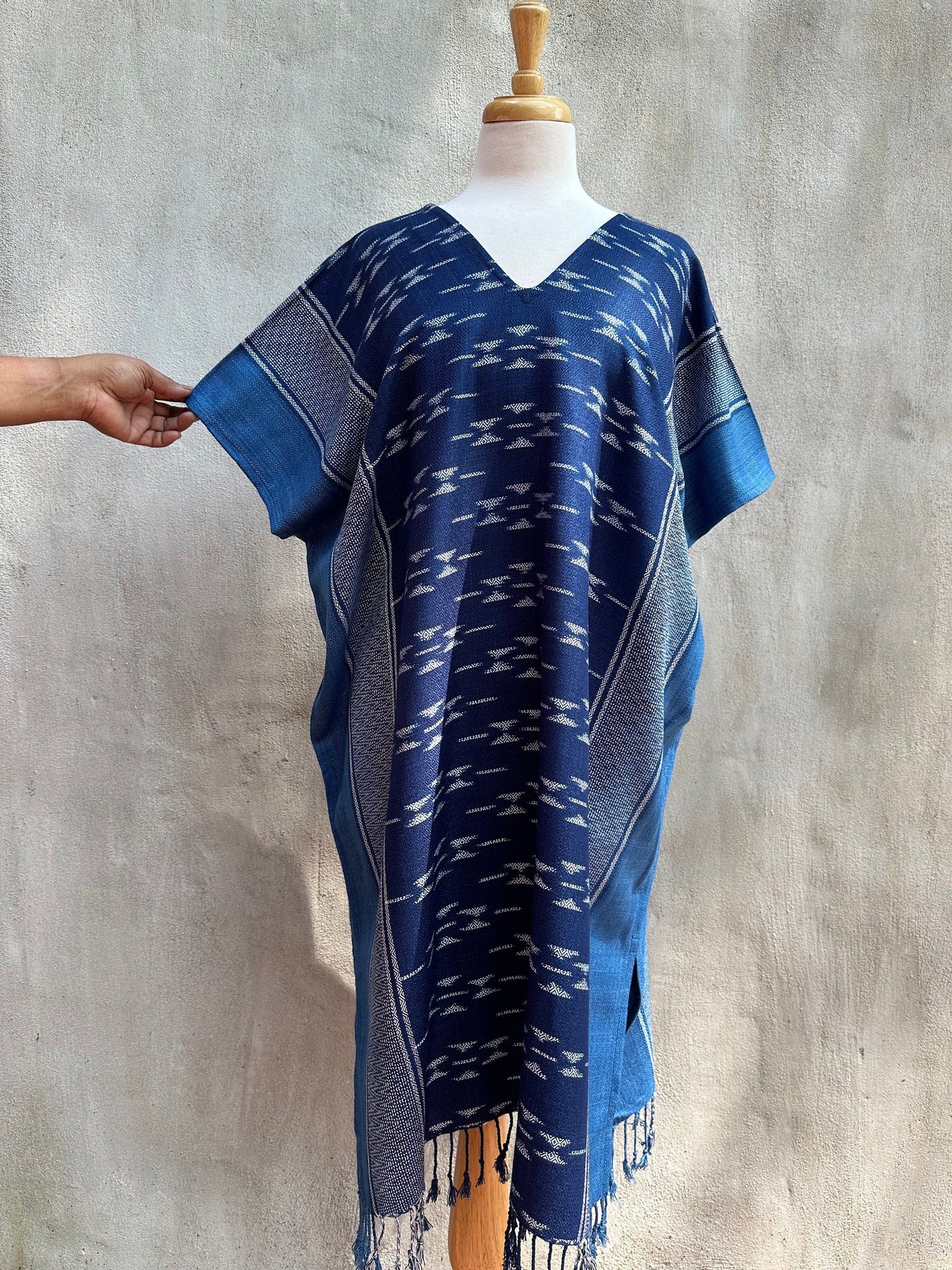 MALA handworks Ikat Hand Woven Pattern Kaftan in Indigo Blue with White