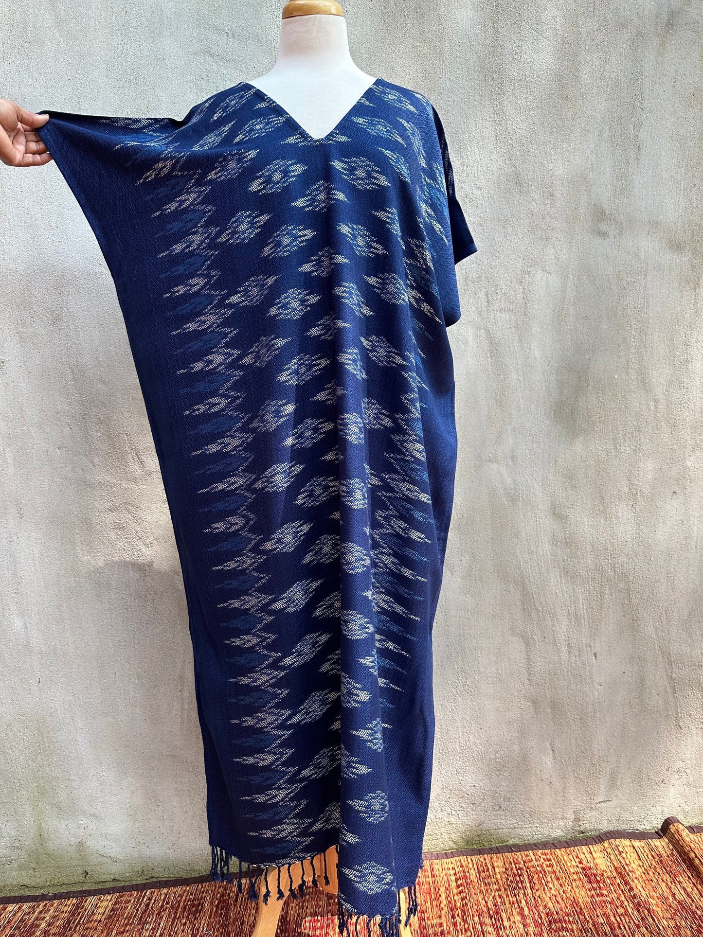 MALA handworks Ikat Hand Woven Pattern Kaftan in Indigo Blue with White