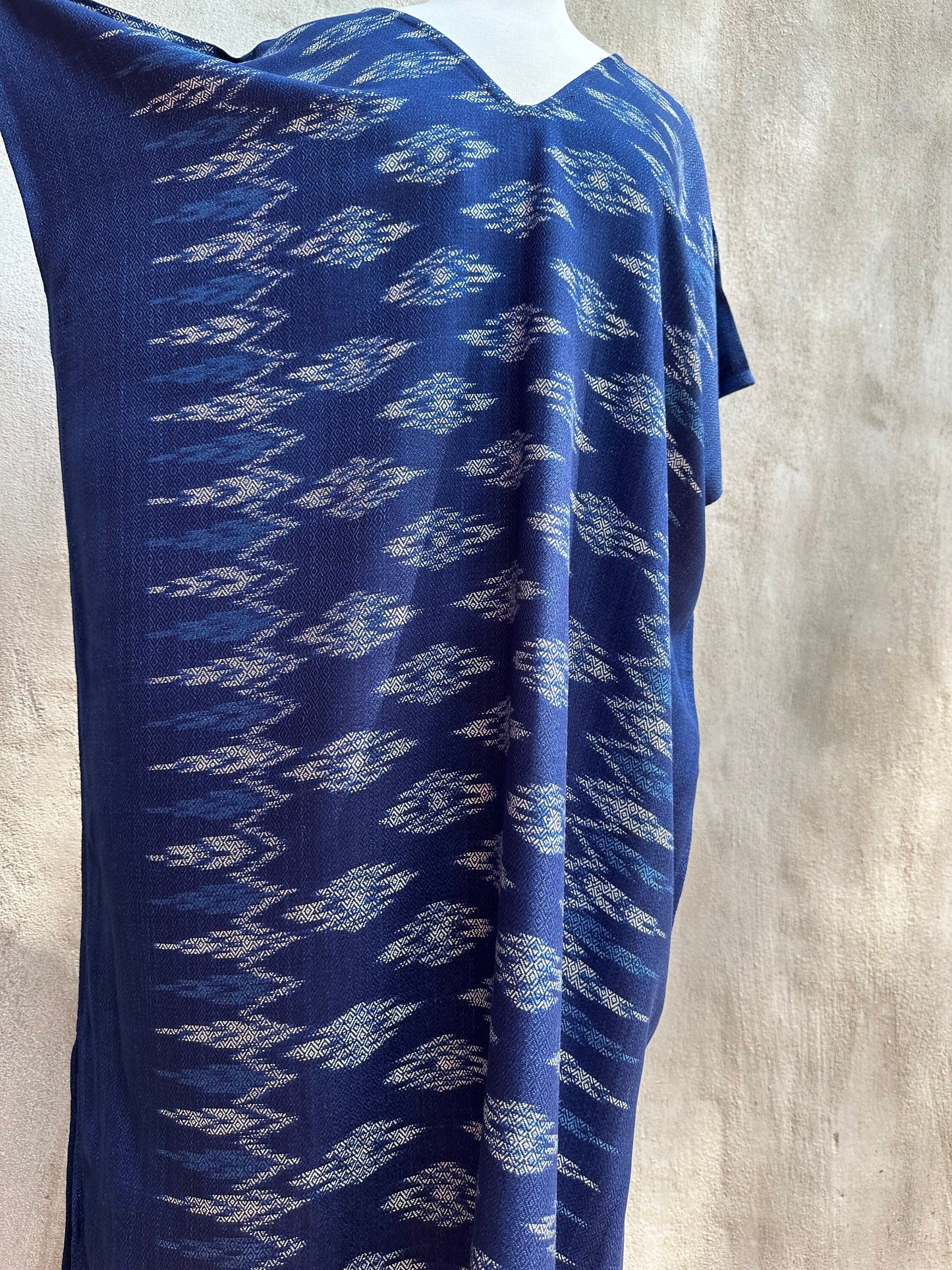 MALA handworks Ikat Hand Woven Pattern Kaftan in Indigo Blue with White