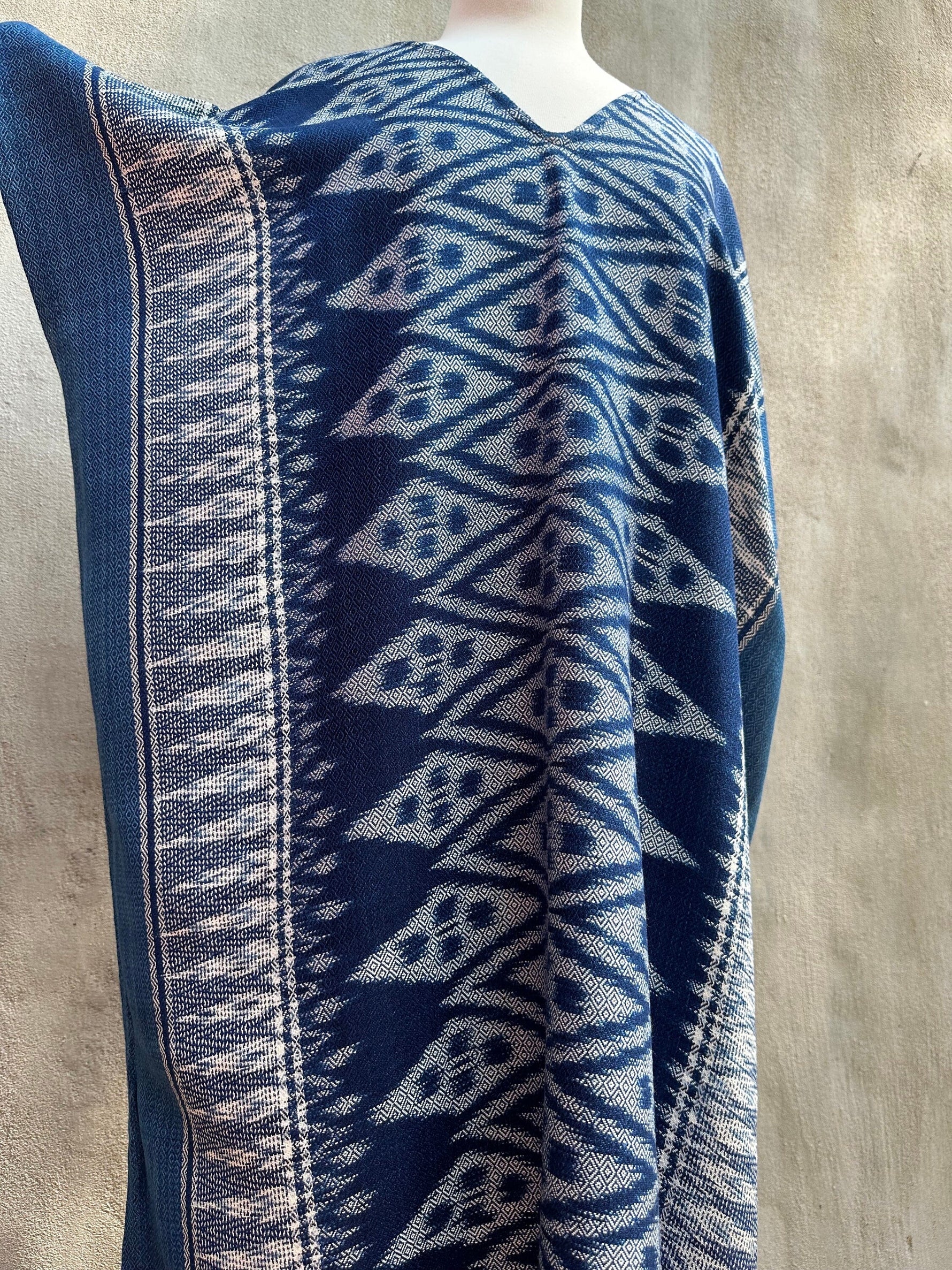 MALA handworks Ikat Hand Woven Pattern Kaftan in Indigo Blue with White