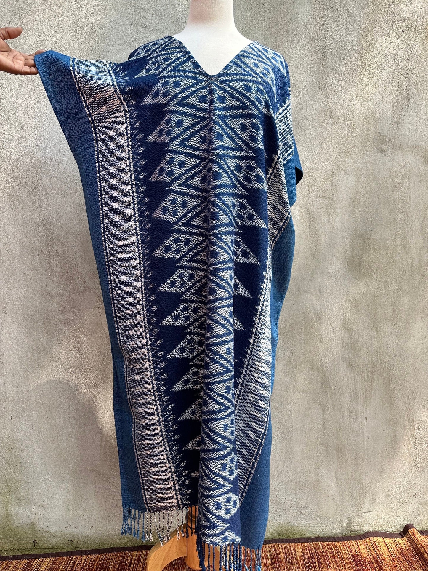 MALA handworks Ikat Hand Woven Pattern Kaftan in Indigo Blue with White
