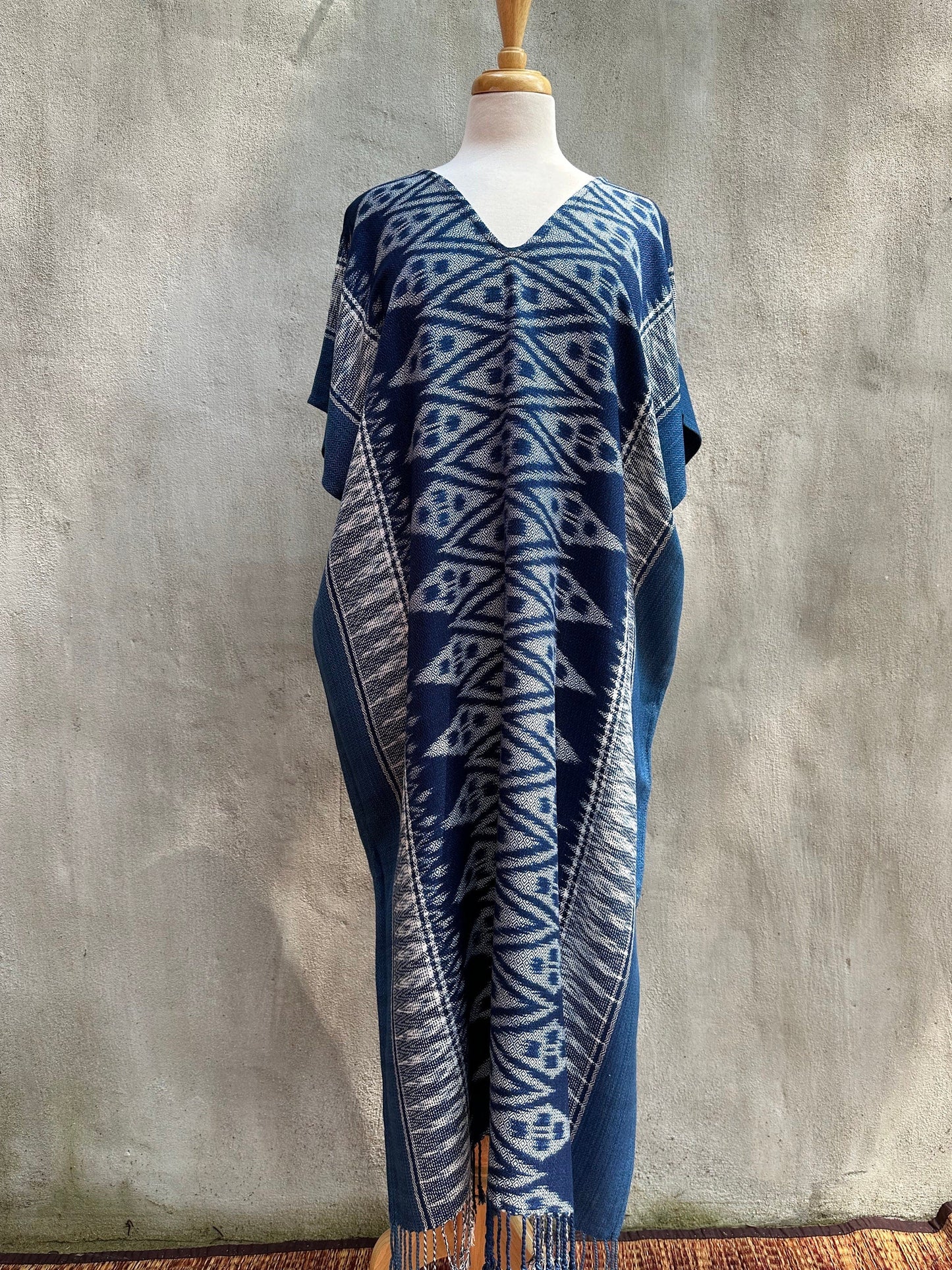 MALA handworks Ikat Hand Woven Pattern Kaftan in Indigo Blue with White