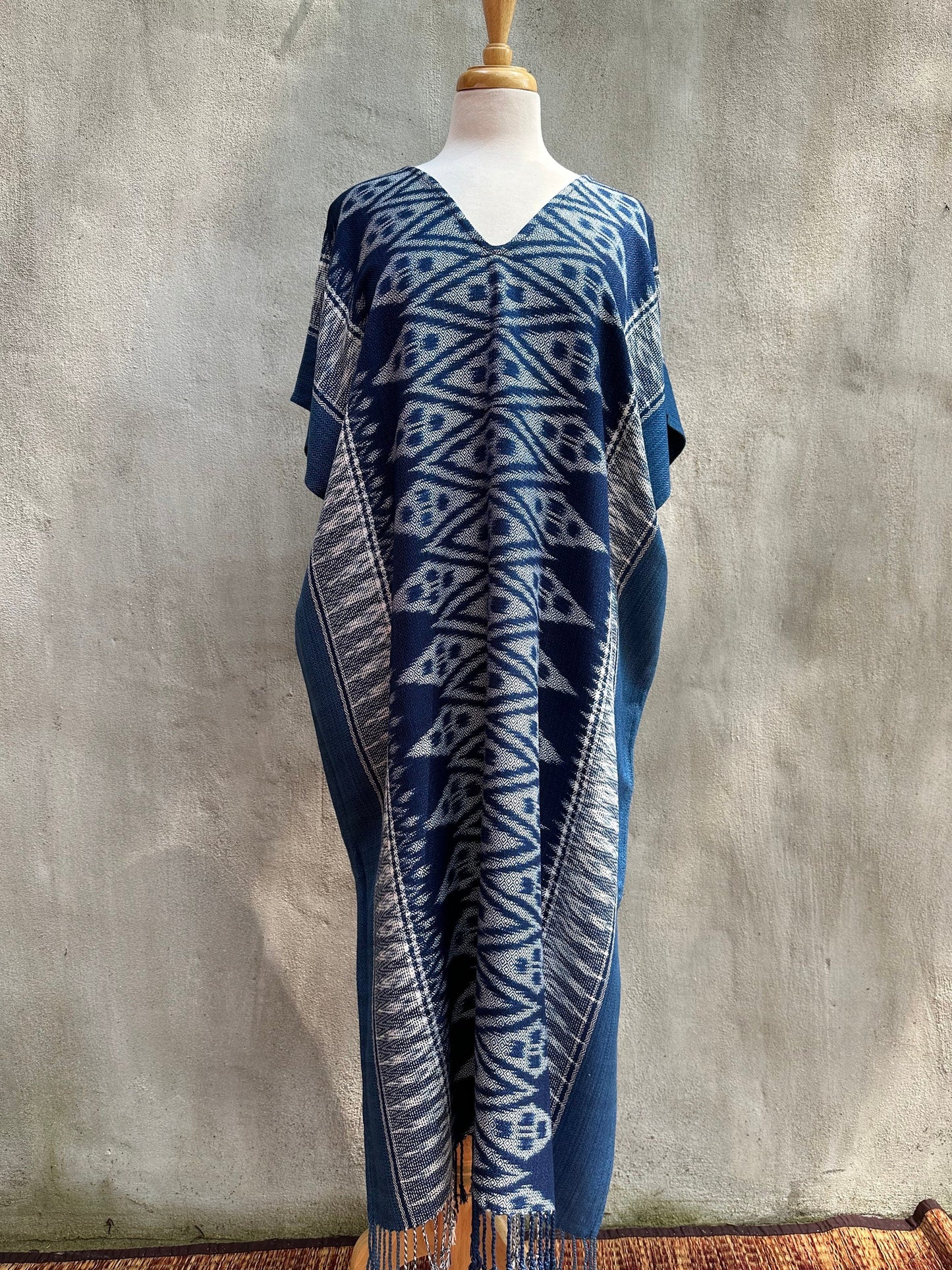 MALA handworks Ikat Hand Woven Pattern Kaftan in Indigo Blue with White