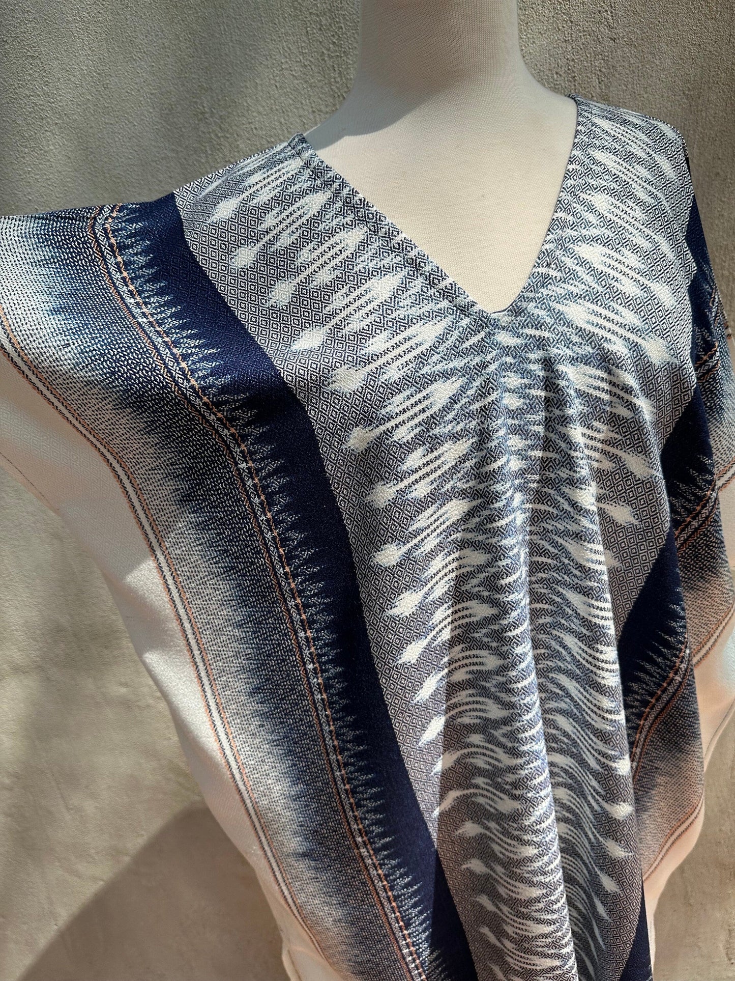 MALA handworks Ikat Hand Woven Pattern Kaftan in Indigo Blue with White