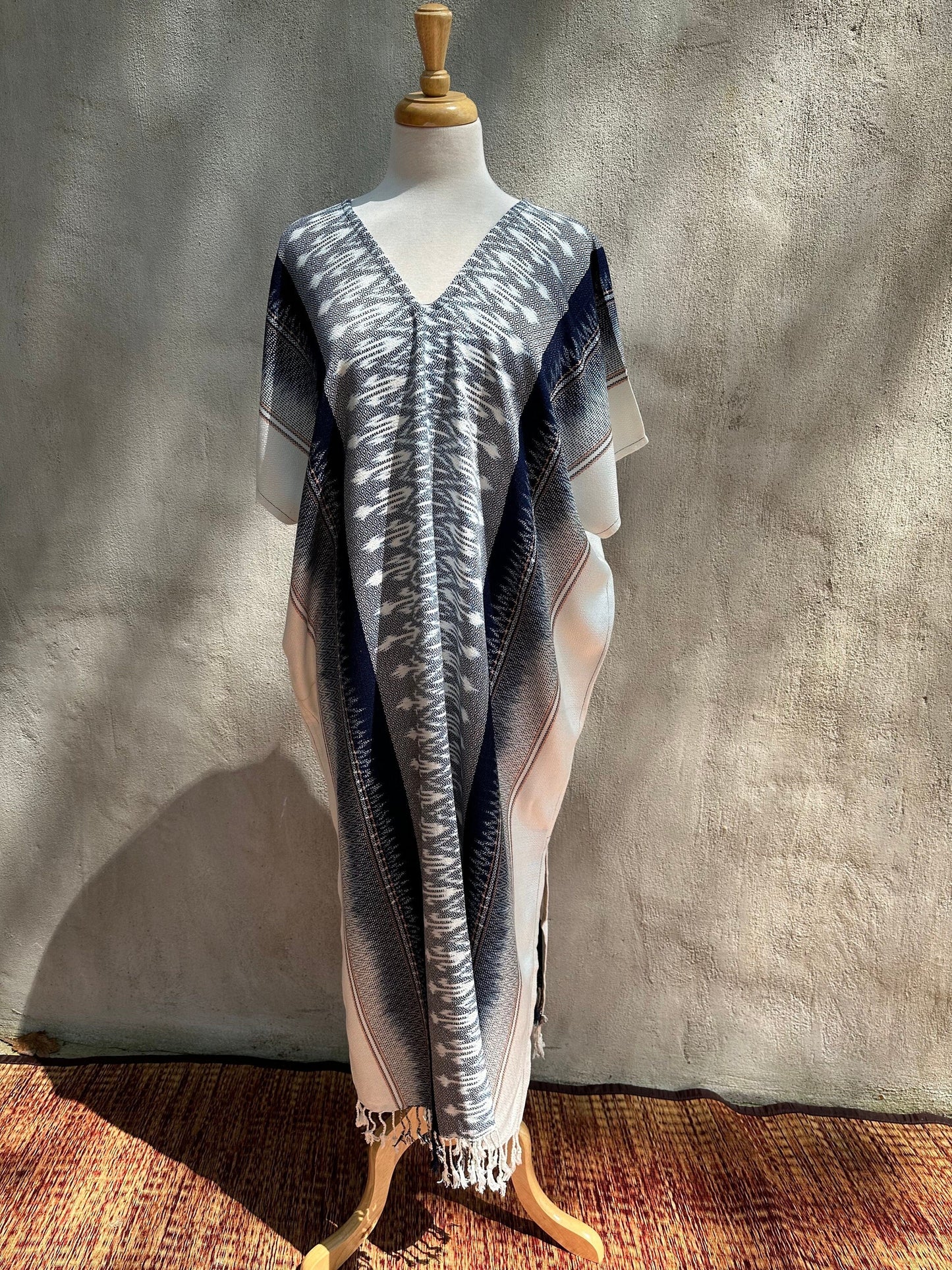 MALA handworks Ikat Hand Woven Pattern Kaftan in Indigo Blue with White