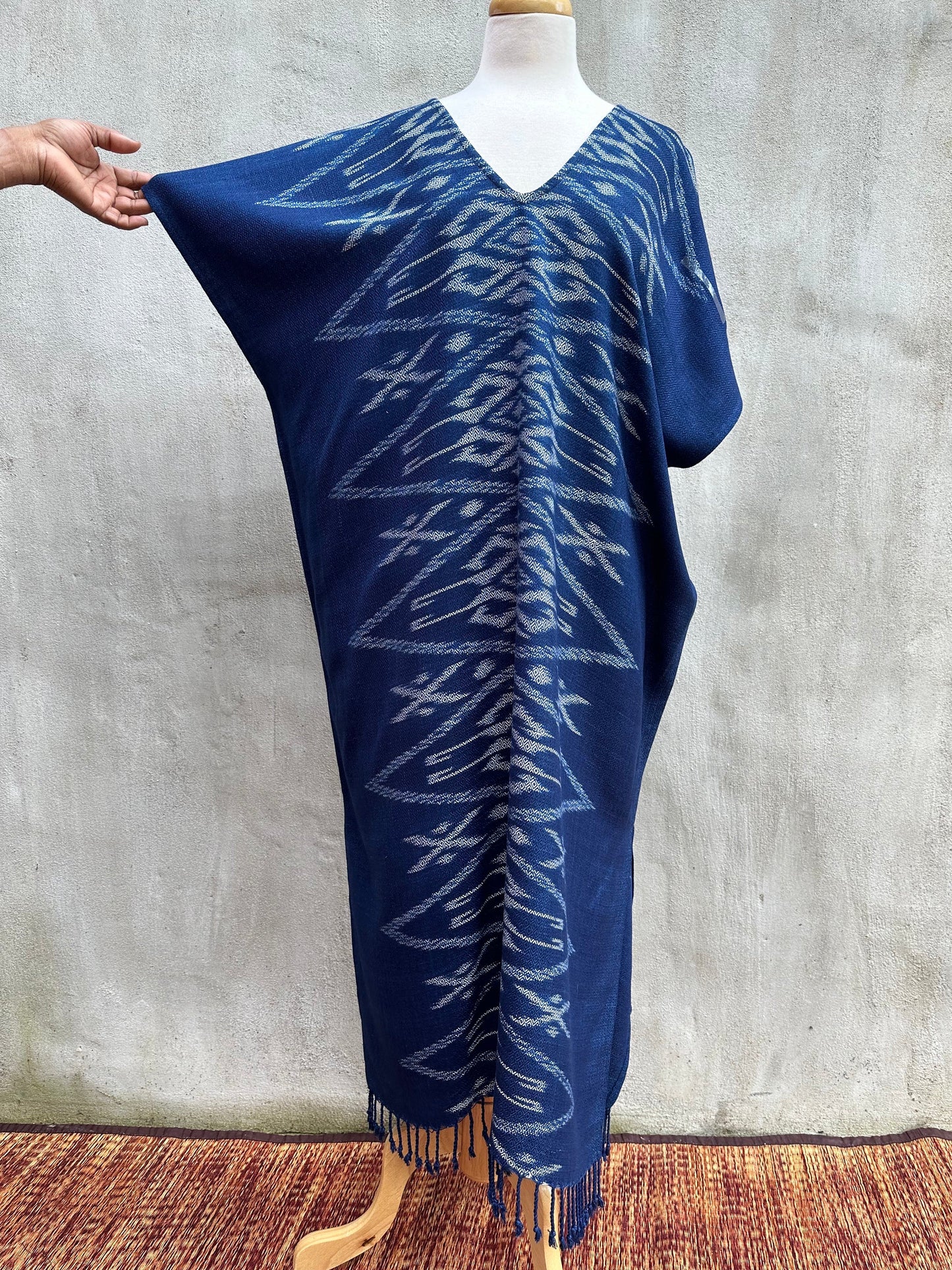 MALA handworks Ikat Hand Woven Pattern Kaftan in Indigo Blue with White
