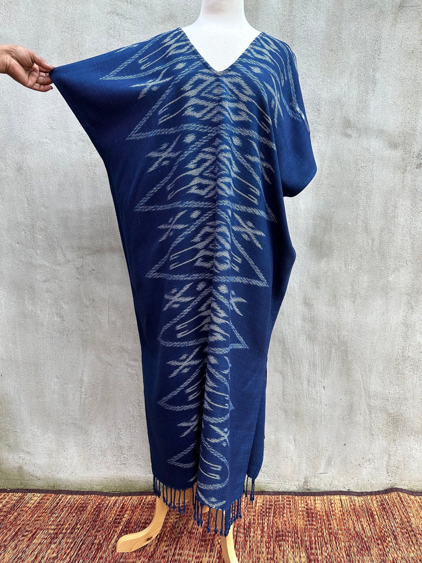 MALA handworks Ikat Hand Woven Pattern Kaftan in Indigo Blue with White