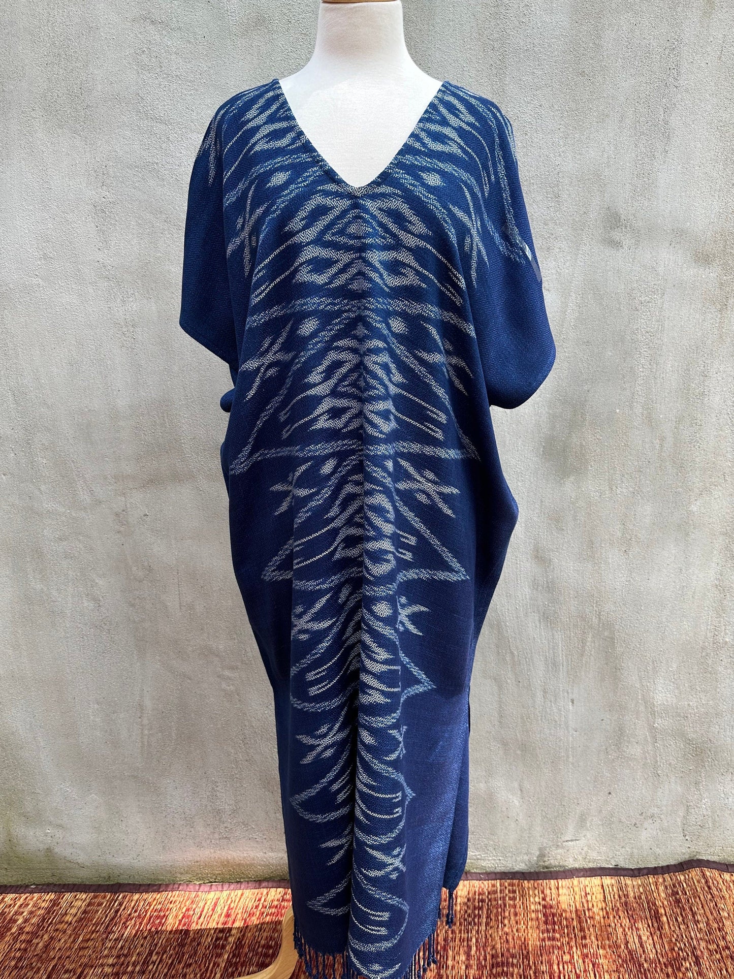 MALA handworks Ikat Hand Woven Pattern Kaftan in Indigo Blue with White