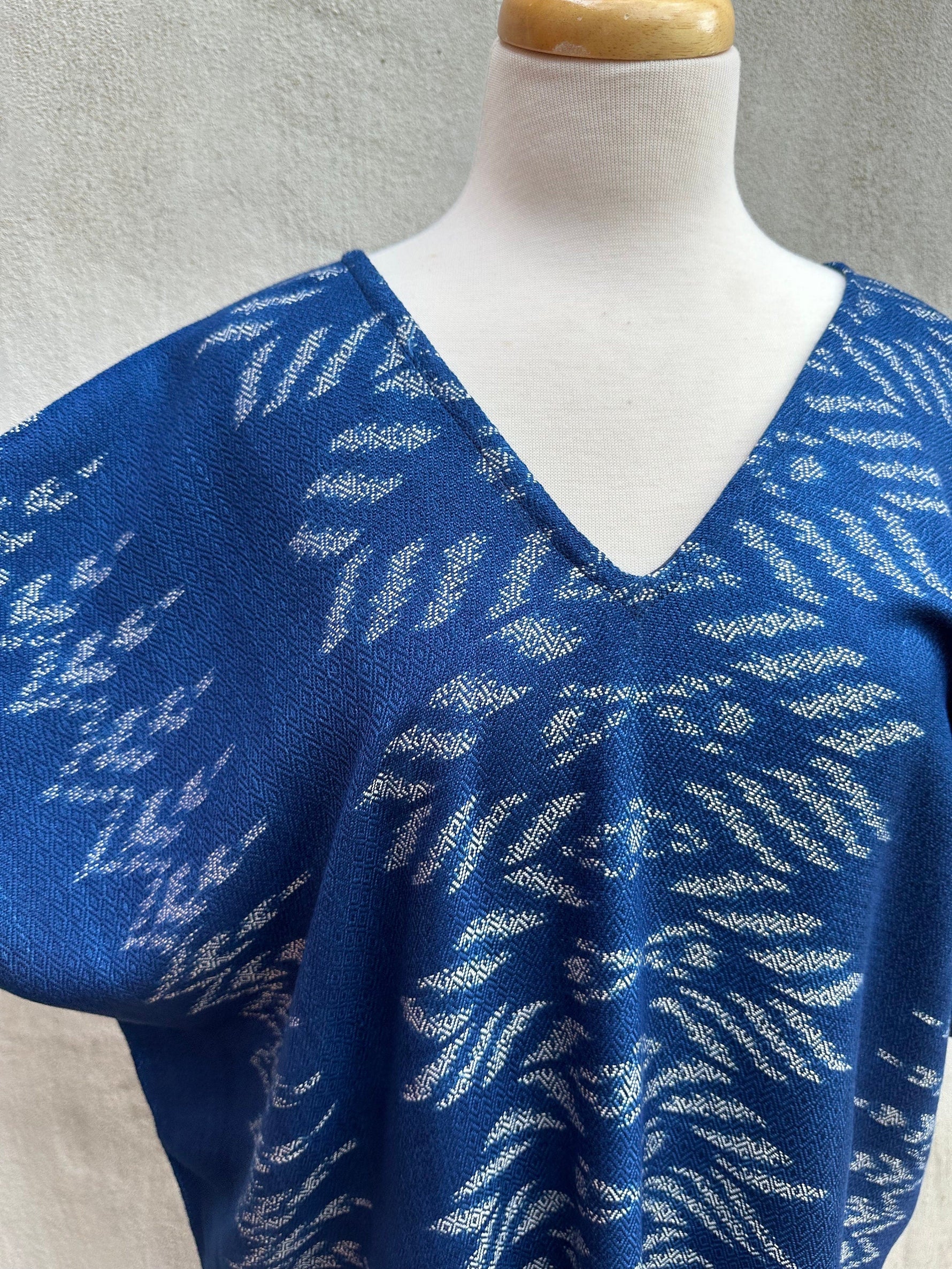 MALA handworks Ikat Hand Woven Pattern Kaftan in Indigo Blue with White
