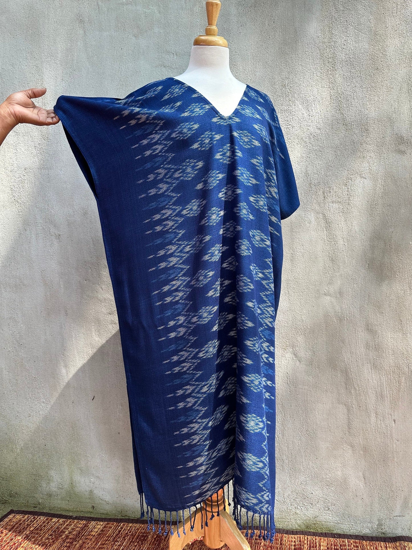MALA handworks Ikat Hand Woven Pattern Kaftan in Indigo Blue with White