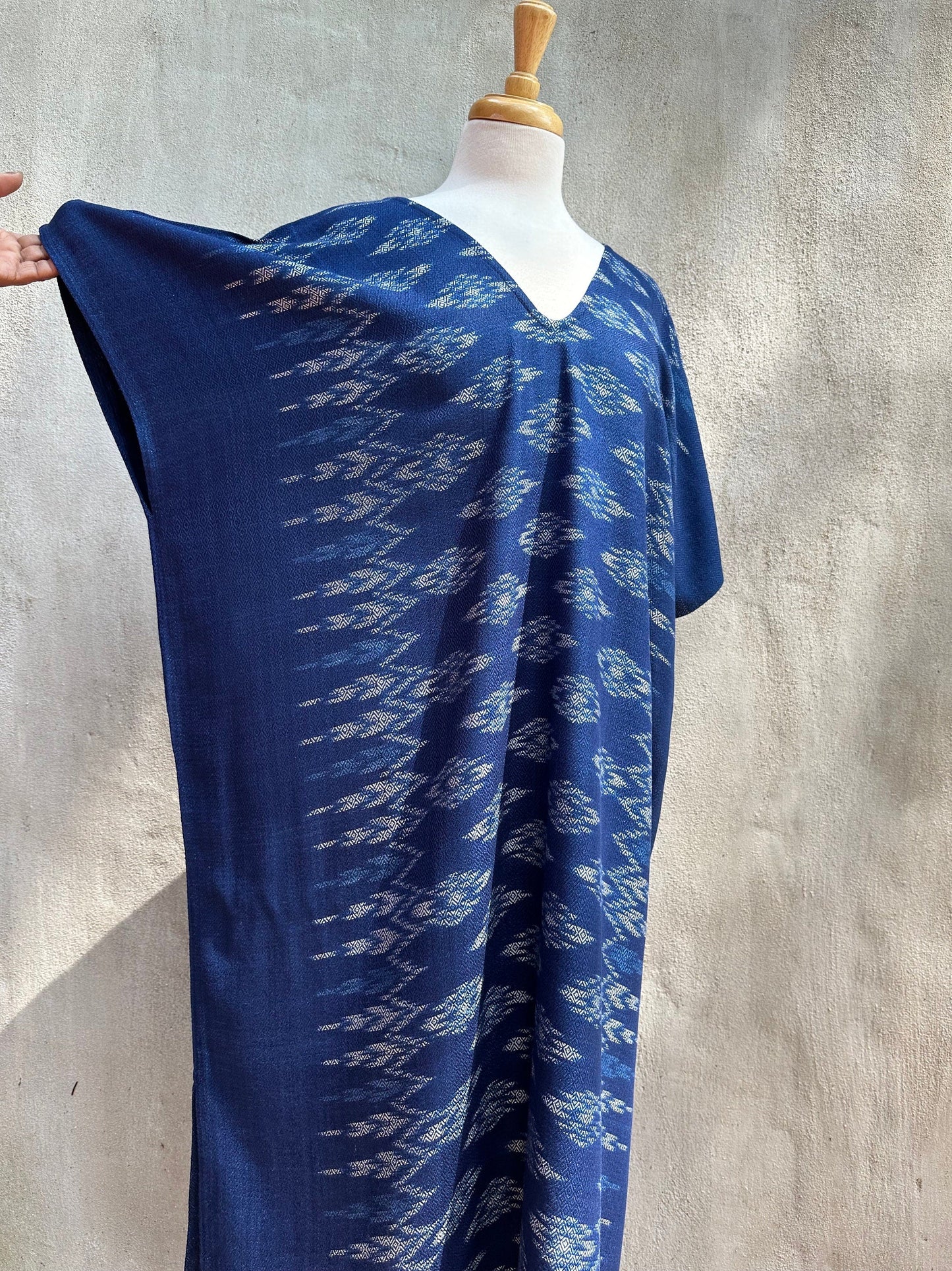 MALA handworks Ikat Hand Woven Pattern Kaftan in Indigo Blue with White