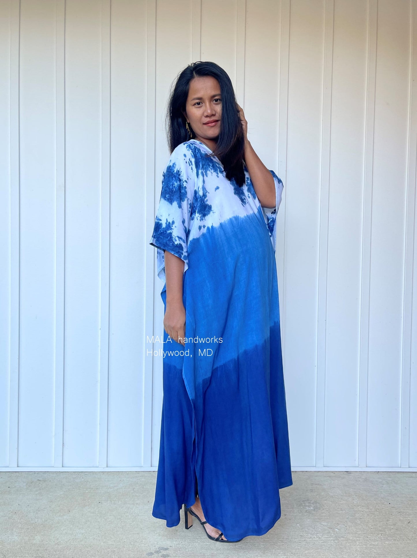 MALA handworks Indigo Kaftan in White and Hand Dyed Indigo Blue
