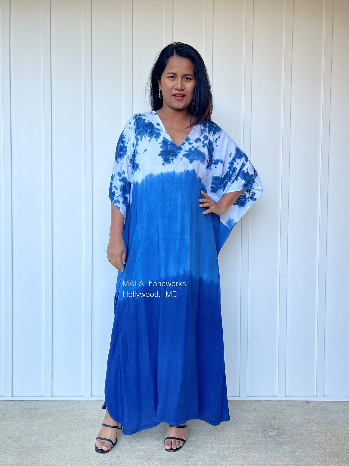 MALA handworks Indigo Kaftan in White and Hand Dyed Indigo Blue