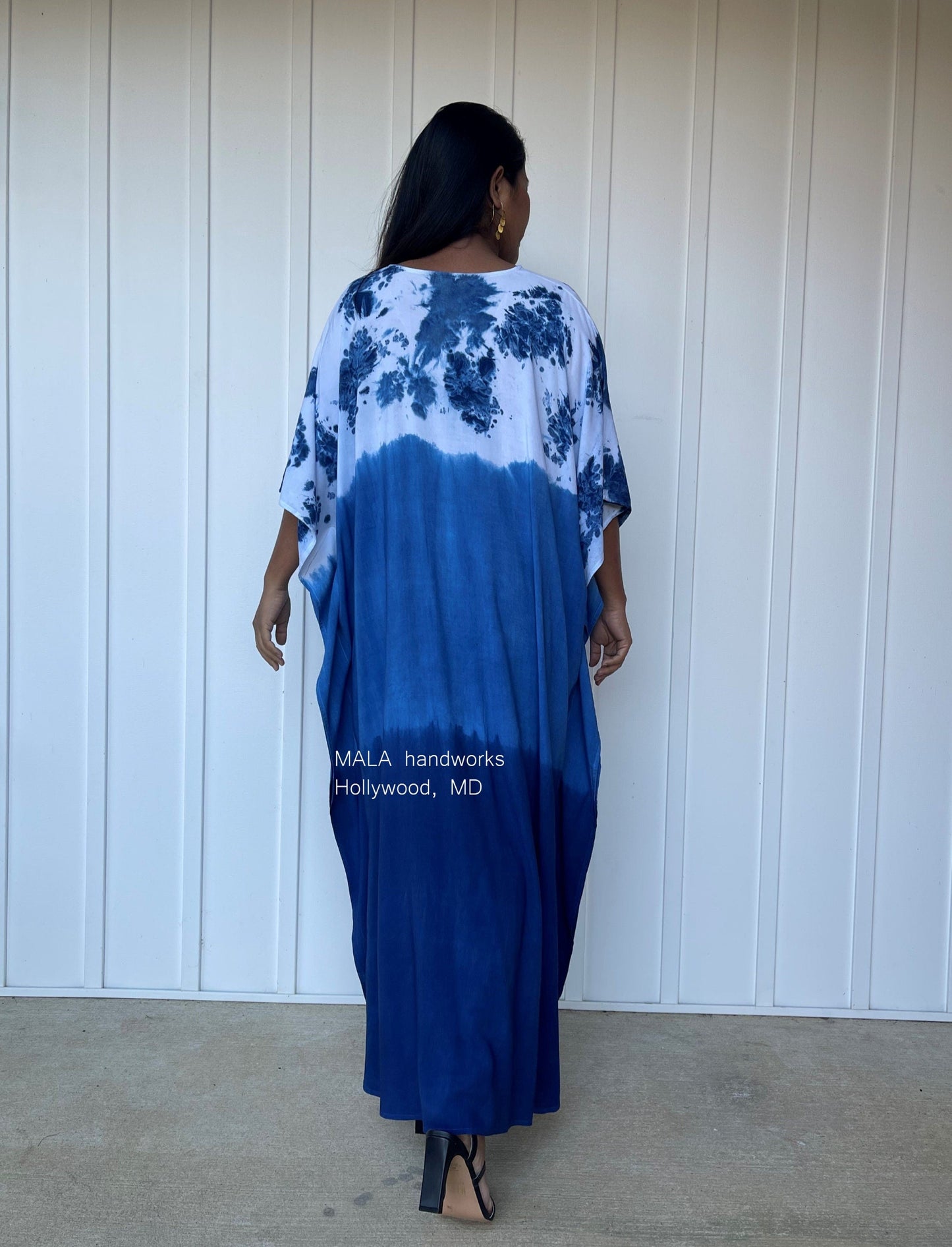 MALA handworks Indigo Kaftan in White and Hand Dyed Indigo Blue