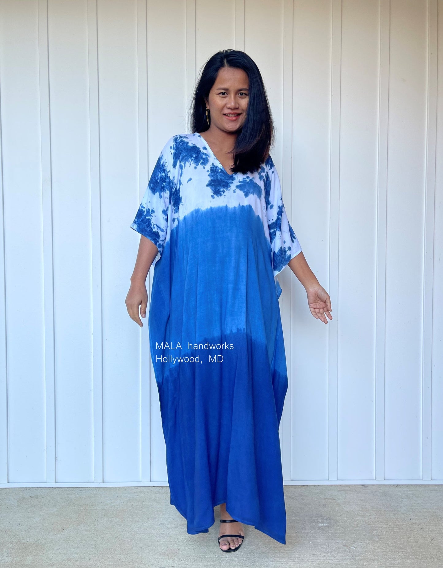 MALA handworks Indigo Kaftan in White and Hand Dyed Indigo Blue