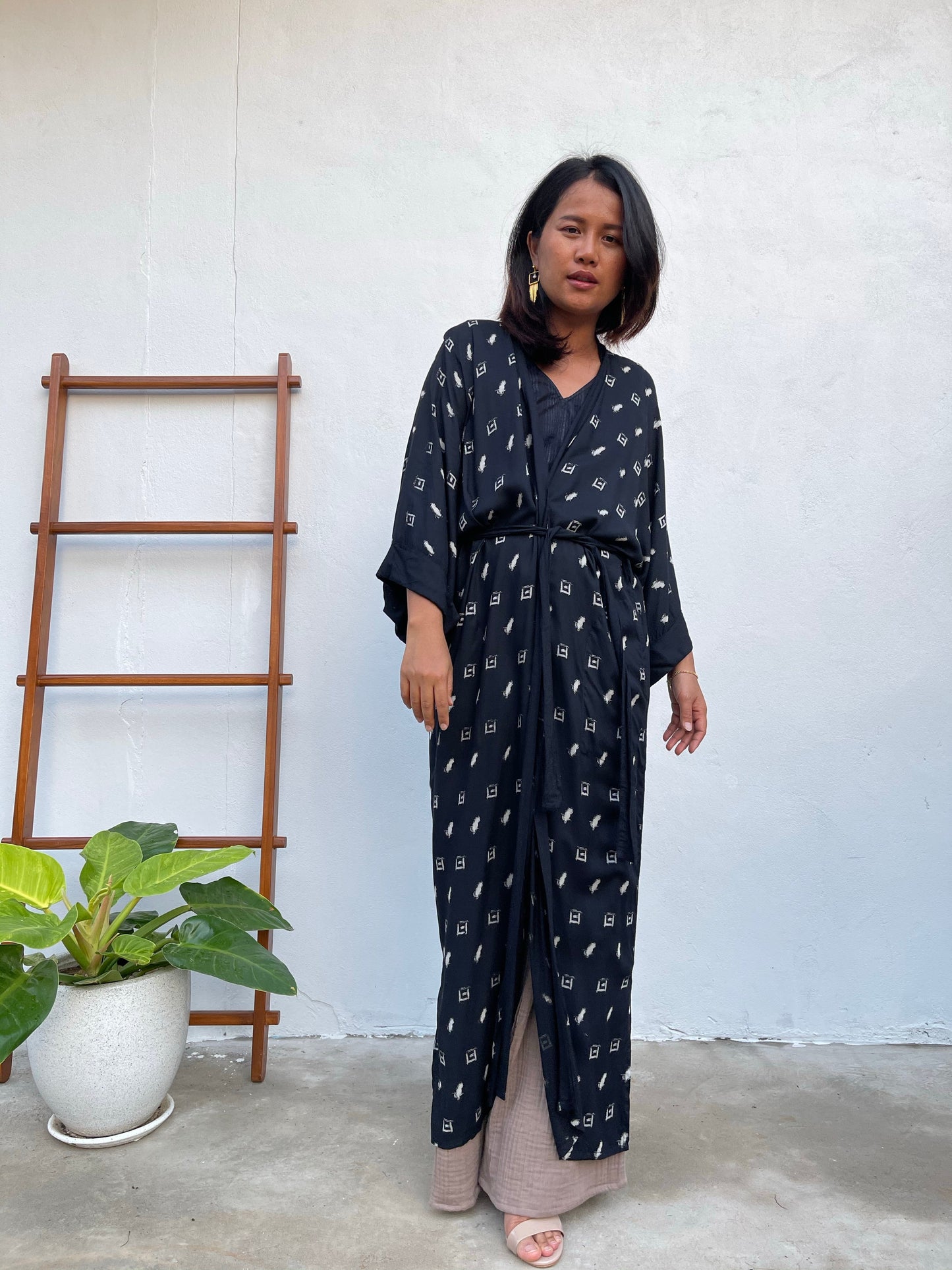 MALA handworks Kara Robe in Black and Silkscreen Polka Dot Pattern