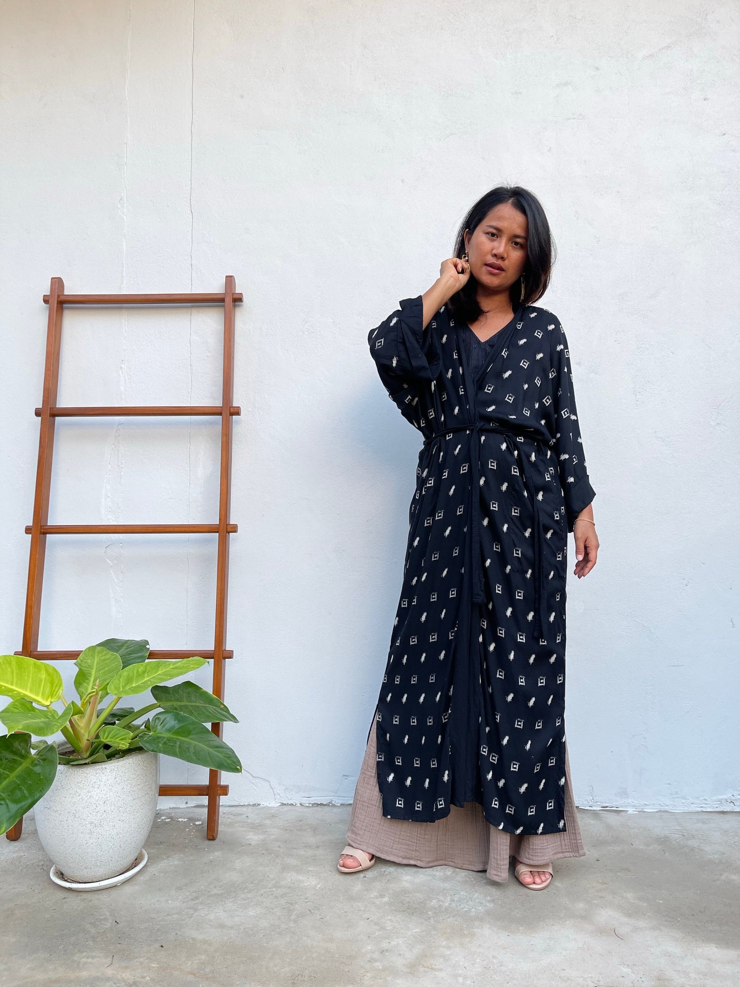 MALA handworks Kara Robe in Black and Silkscreen Polka Dot Pattern