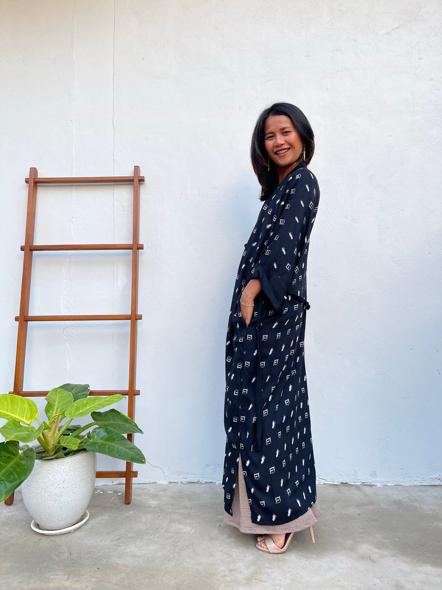 MALA handworks Kara Robe in Black and Silkscreen Polka Dot Pattern