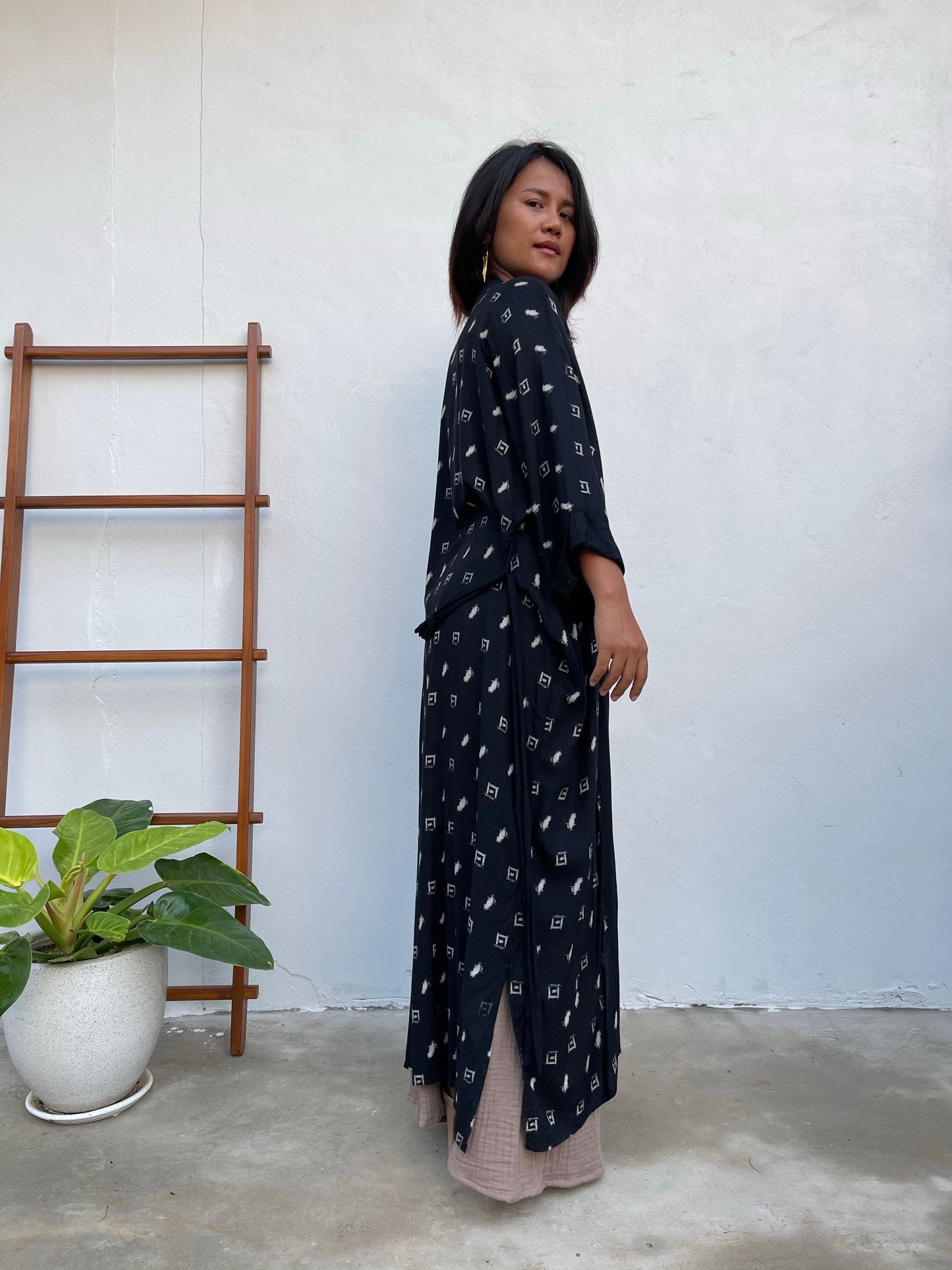 MALA handworks Kara Robe in Black and Silkscreen Polka Dot Pattern