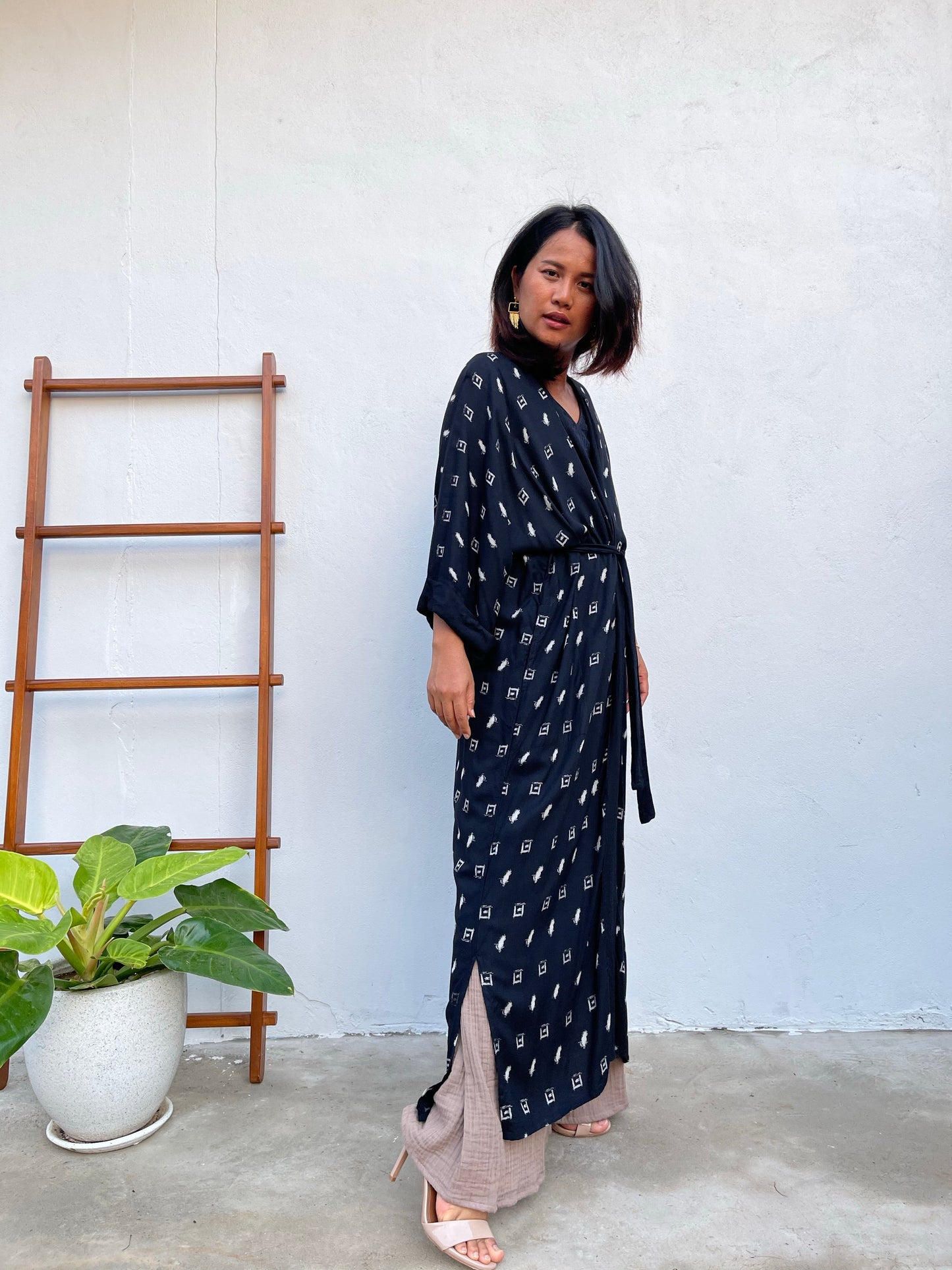 MALA handworks Kara Robe in Black and Silkscreen Polka Dot Pattern